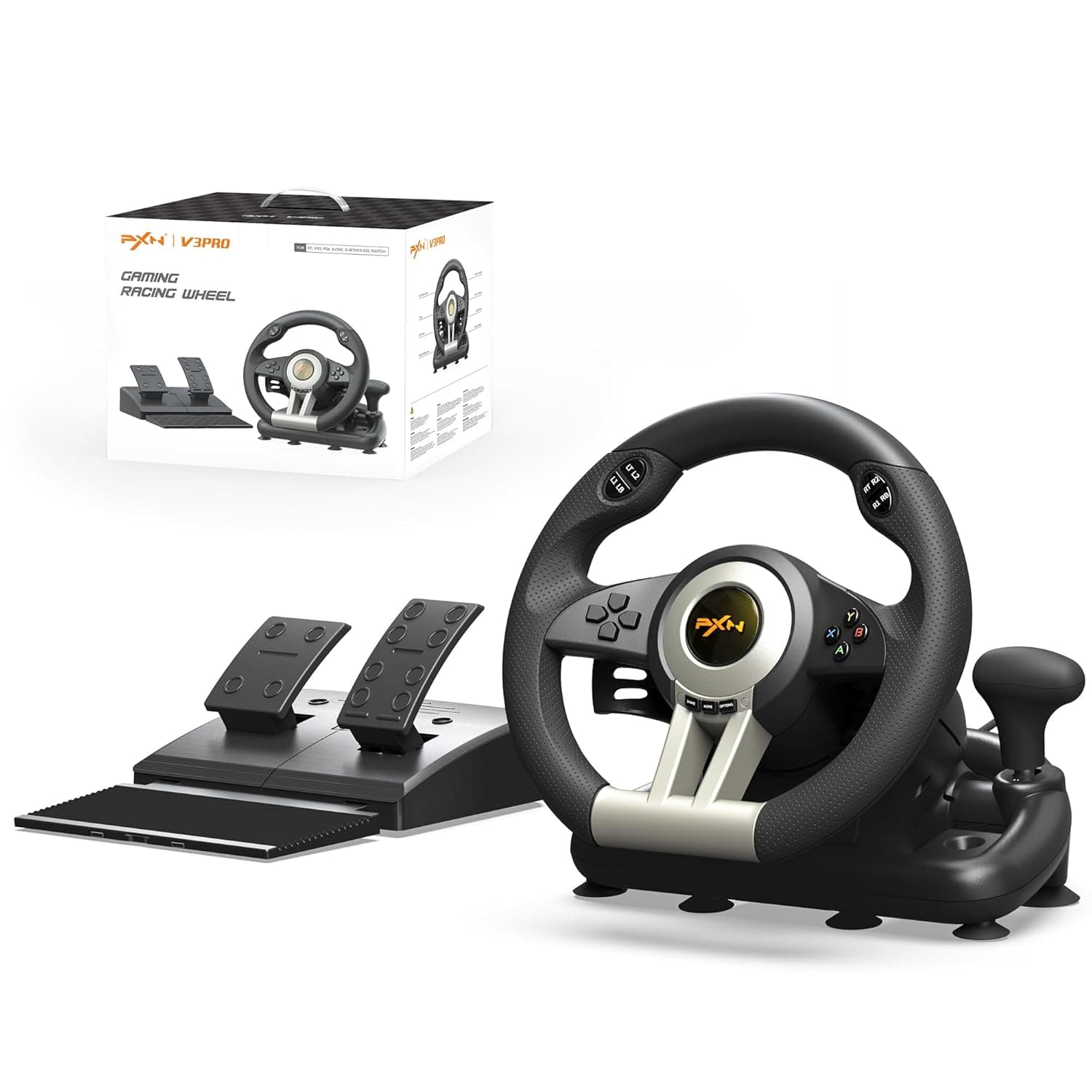 PXN V3 Pro Gaming Steering Wheel with Pedals - 180° Racing Wheel with Vibration Feedback, Steering Wheel for PC, PS3, PS4, and Switch -Black