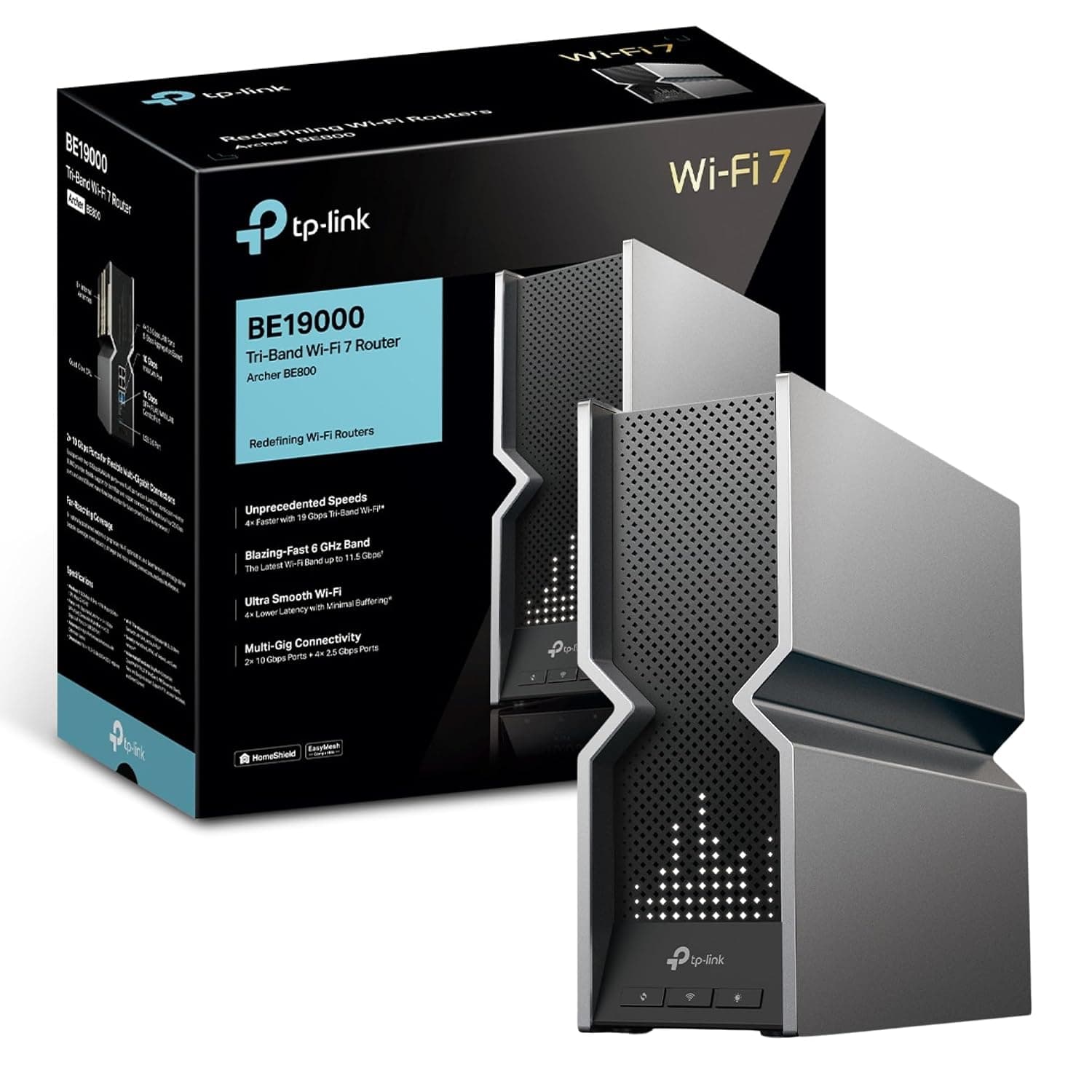 TP-Link BE19000 Tri-Band Wi-Fi 7 Router, Multi-Link Operation, LED screen, 4K-QAM, Dual 10G Ports +2.5 Gbps + USB 3.0 port, Ideal for 4K/8K streaming, AR/VR gaming, HomeShield Security (Archer BE800)