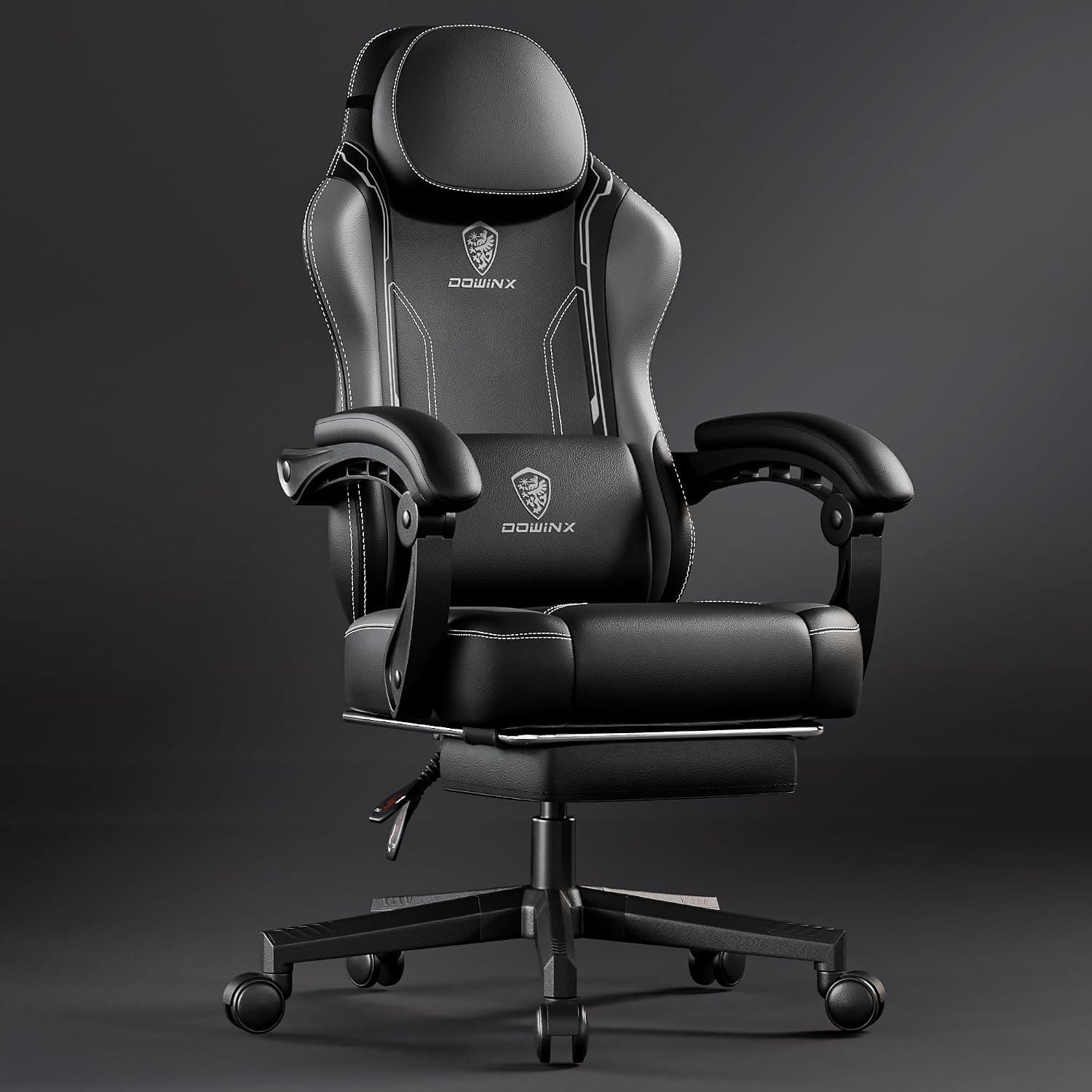 Dowinx Ergonomic Gaming Chair with Footrest, Pocket Spring Cushion and Massage Lumbar Support, High Back Leather Video Game Chair, 200kg Grey