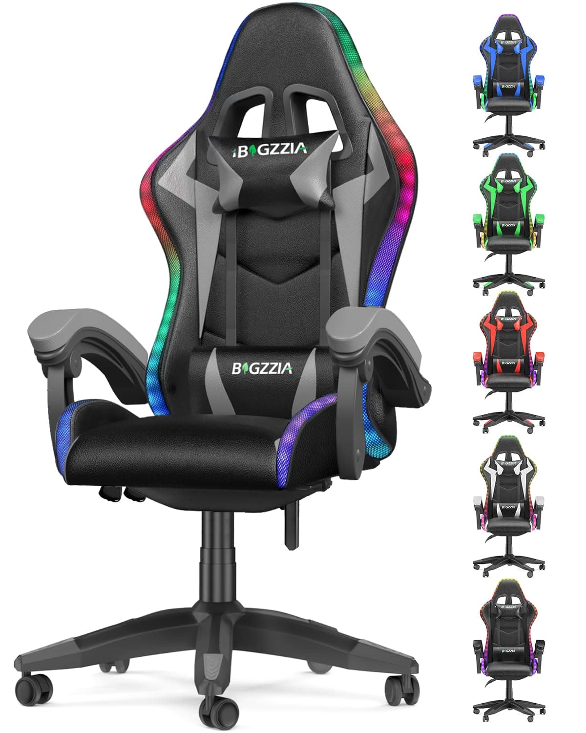 Ergonomic Gaming Chair with LED Lights for Adults (With Led Light, Gray) | Ergonomic,Height Adjustable,Reclining,Headrest,Lumbar Support,Armrests,360°-Swive,PU Leather