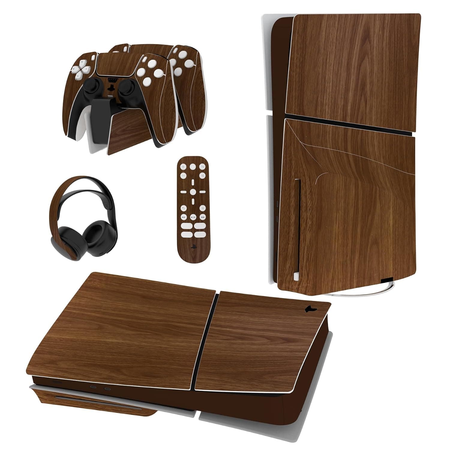 PlayVital Full Set Skin Sticker for ps5 Slim Console Disc Edition (The New Smaller Design), Vinyl Skin Decal Cover for ps5 Controller & Headset & Charging Station & Media Remote - Wood Grain