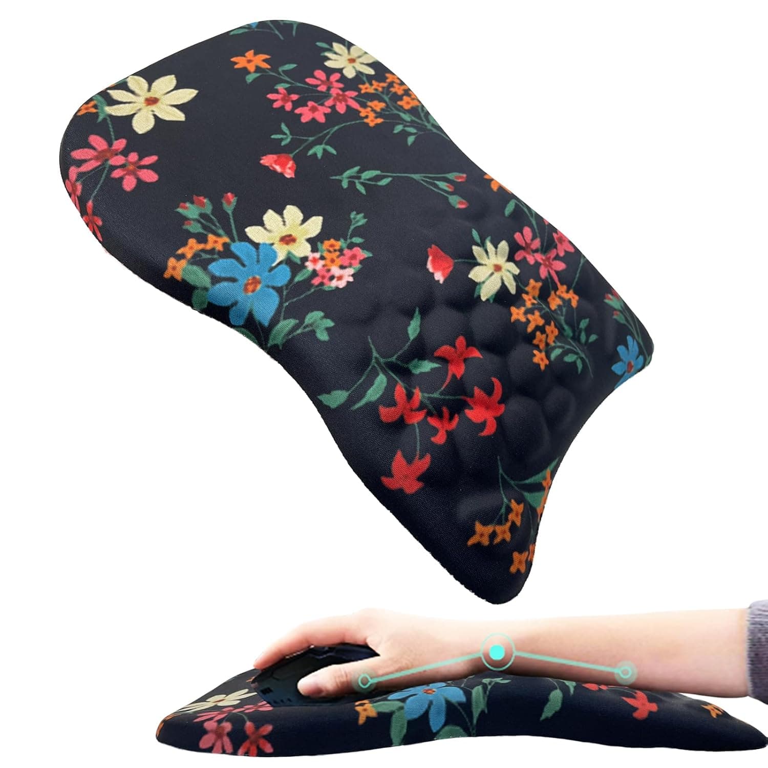Ergonomic Mouse Pad with Wrist Rest Support, Massage Design Mouse Mat for Relief Carpal Tunnel Pain, Memory Foam Non-Slip Slope Massage Bulge (Flowers)