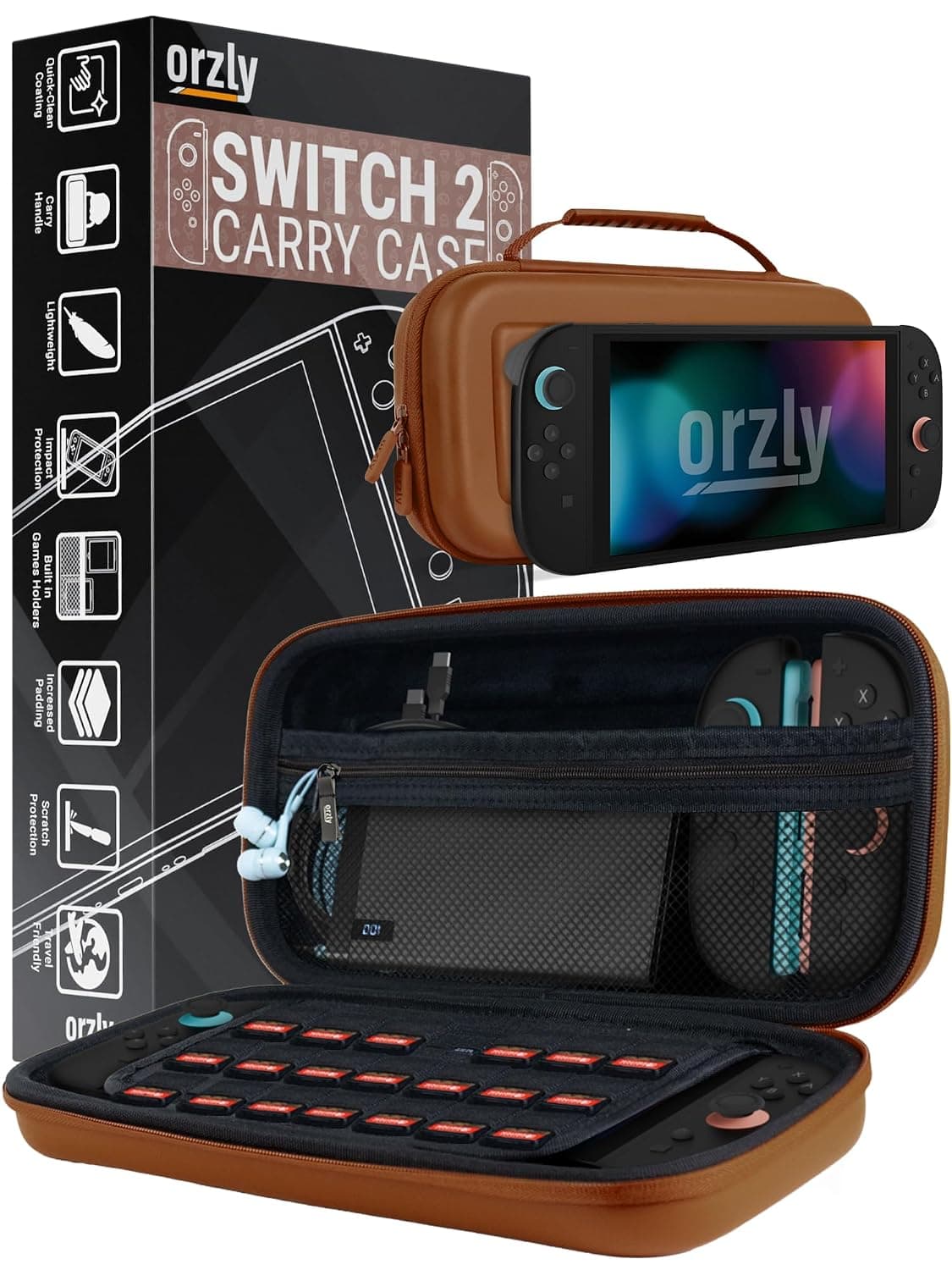 Orzly Carry Case for Switch 2 2025 Console, 7.9 inch Screen Protection, Hard Case with Smart Storage for Accessories and Games Pockets, Gift Box Edition, (Brown Switch 2)