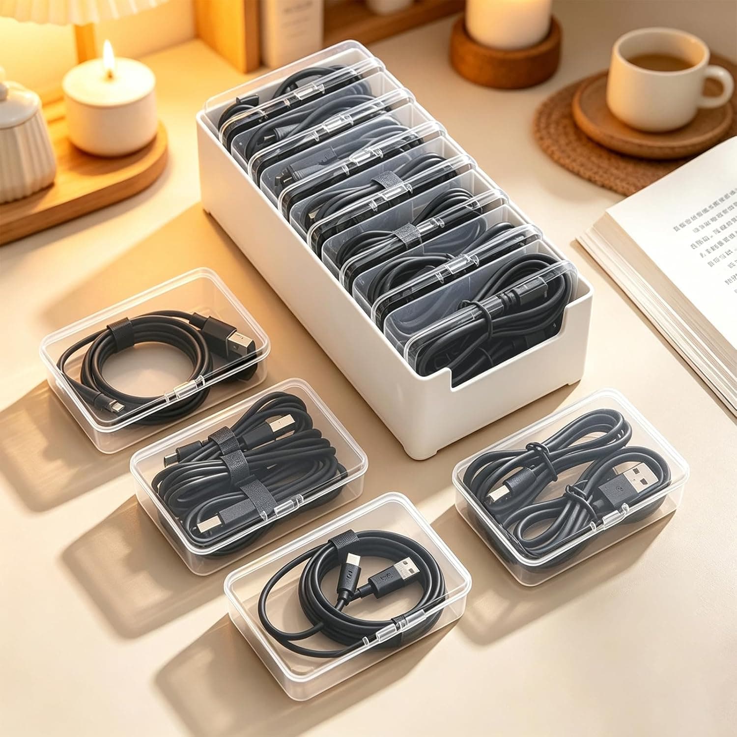 Cable Management Box with 7 Clear Cases, Desk Cable Organiser | Plastic storage box, 7 divided cases, fits cables up to 5 ft, stackable for desks, drawers, home office and travel
