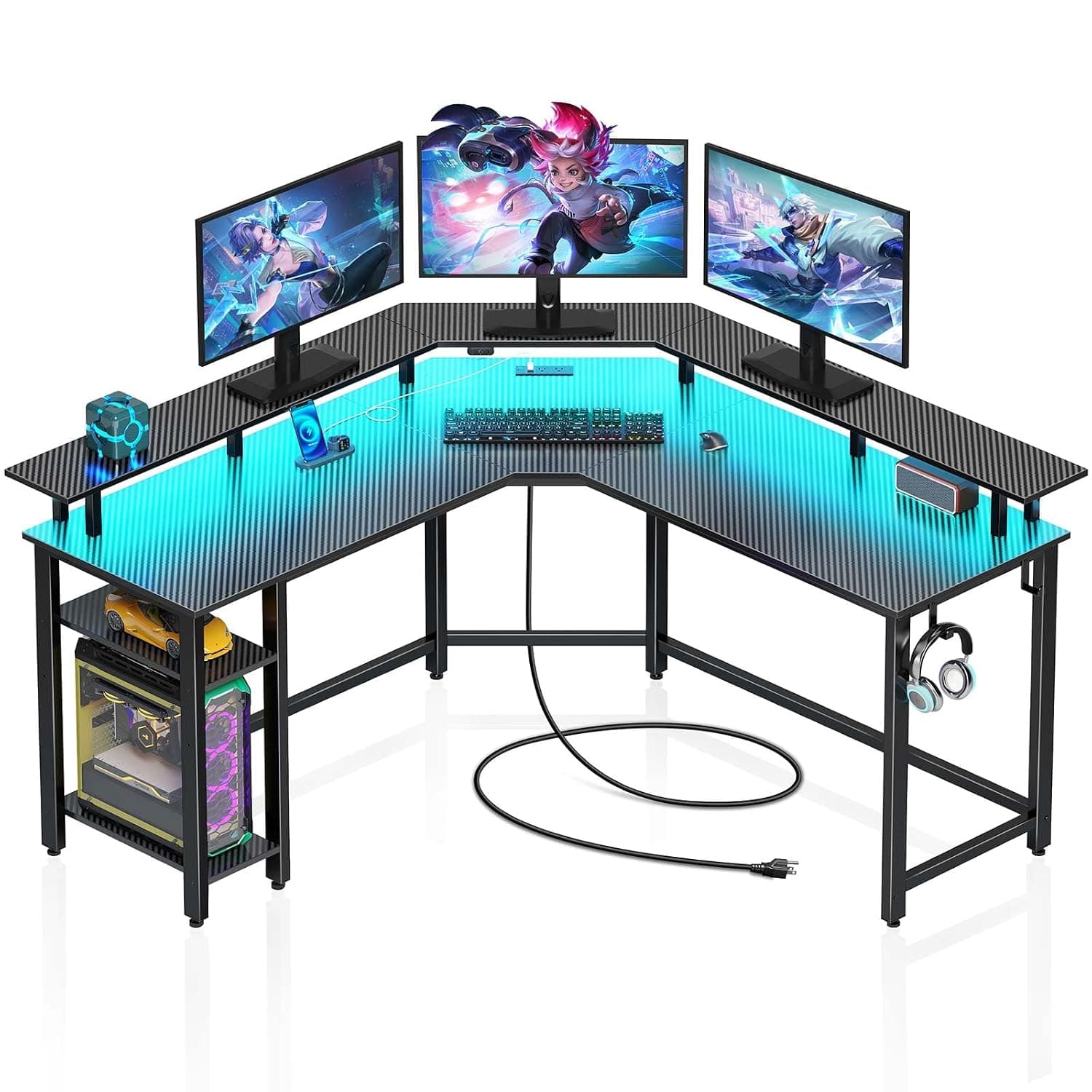 Rolanstar L-Shaped Gaming Desk with LED Lights, Power Outlets, Corner Computer Desk with Storage Shelves - PC Writing Table for Home Office, Carbon Black