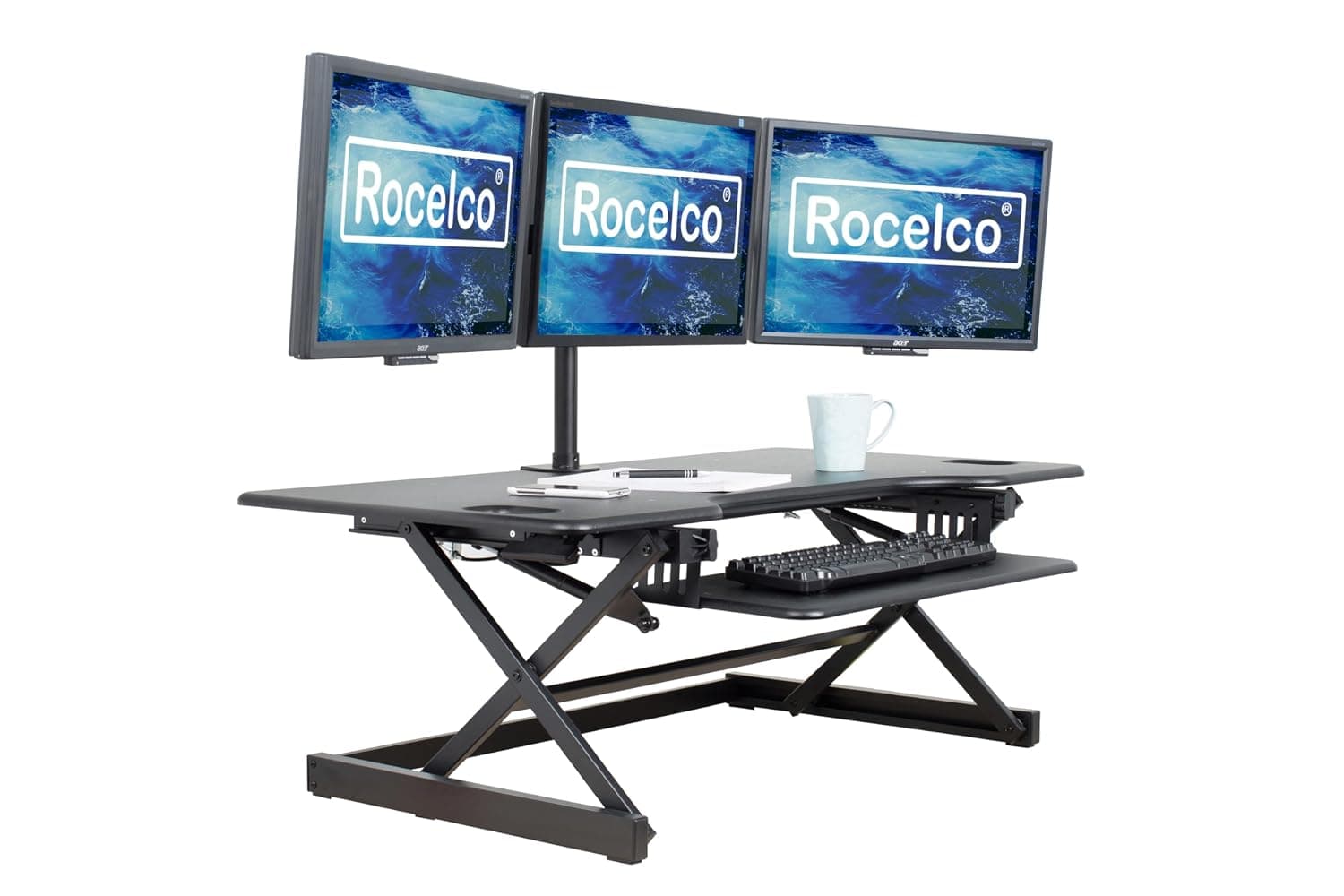 Rocelco 116cm Standing Desk Converter with Retractable Keyboard Tray - Dual Gas Spring Lift - Height Adjustable Sit Stand Computer Workstation Riser for Three Monitors and Laptop - Black (R DADRB-46)