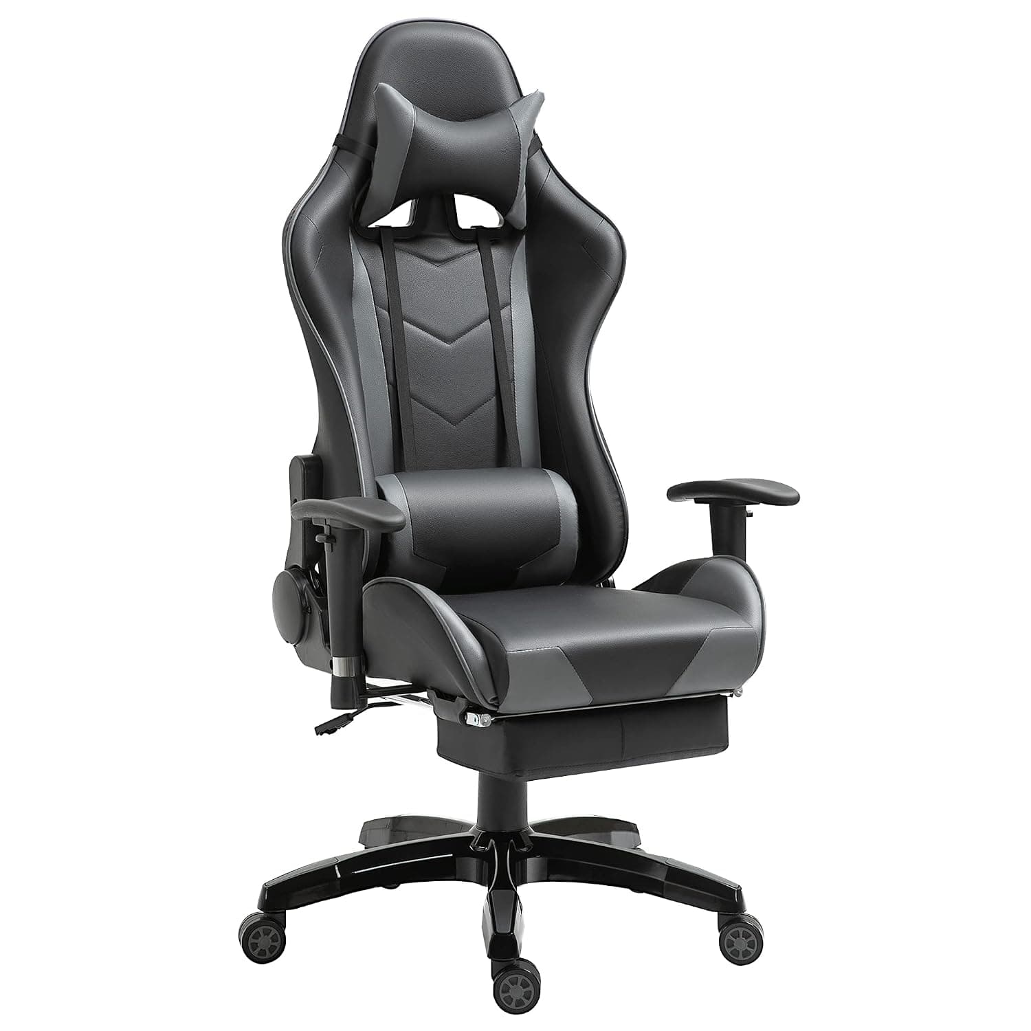 HOMCOM Gaming Chair, Computer Desk Chair with Footrest, PU Leather Ergonomic Office Chair with 180° Reclining Back, Lumbar Cushion, Headrest & Height Adjustable Armrest, Black and Red, Grey