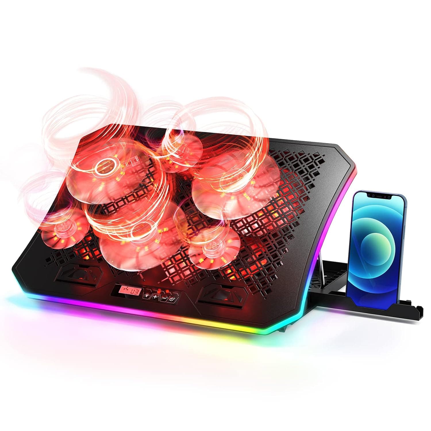 2022 Upgrade Laptop Cooling Pad, KeiBn RGB Lights Laptop Cooler 6 Fans for 15.6-17.3 Inch Laptops, 7 Height Stands, 10 Modes Light, 2 USB Ports, Desk or Lap Use (A8/Red)