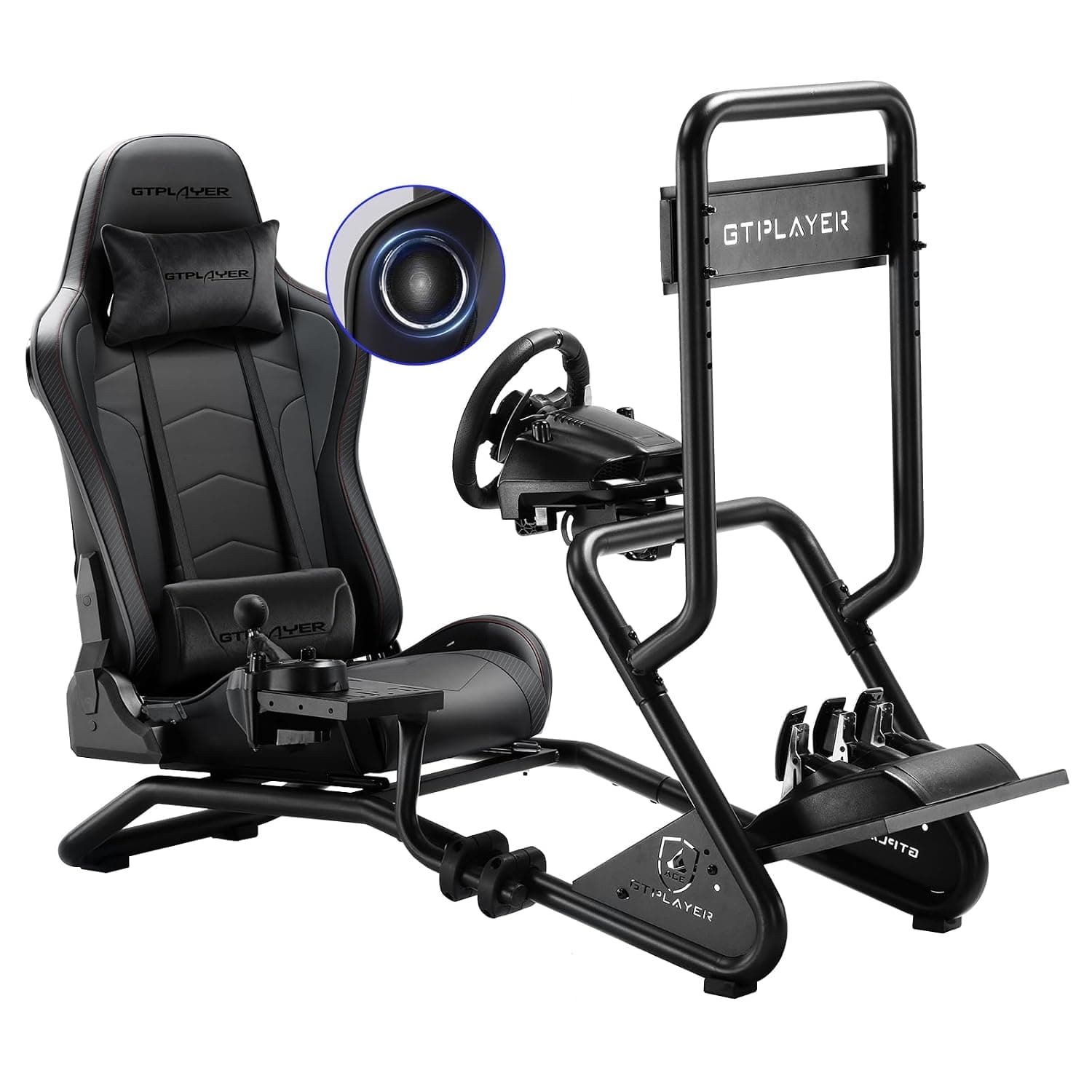 GTPLAYER Simulator Cockpit, Racing Handlebar Mount with 3D Stereo Speakers, Monitor Holder, Adjustable Steering Wheel Holder, Gear Shift Holder and Pedals (Black)