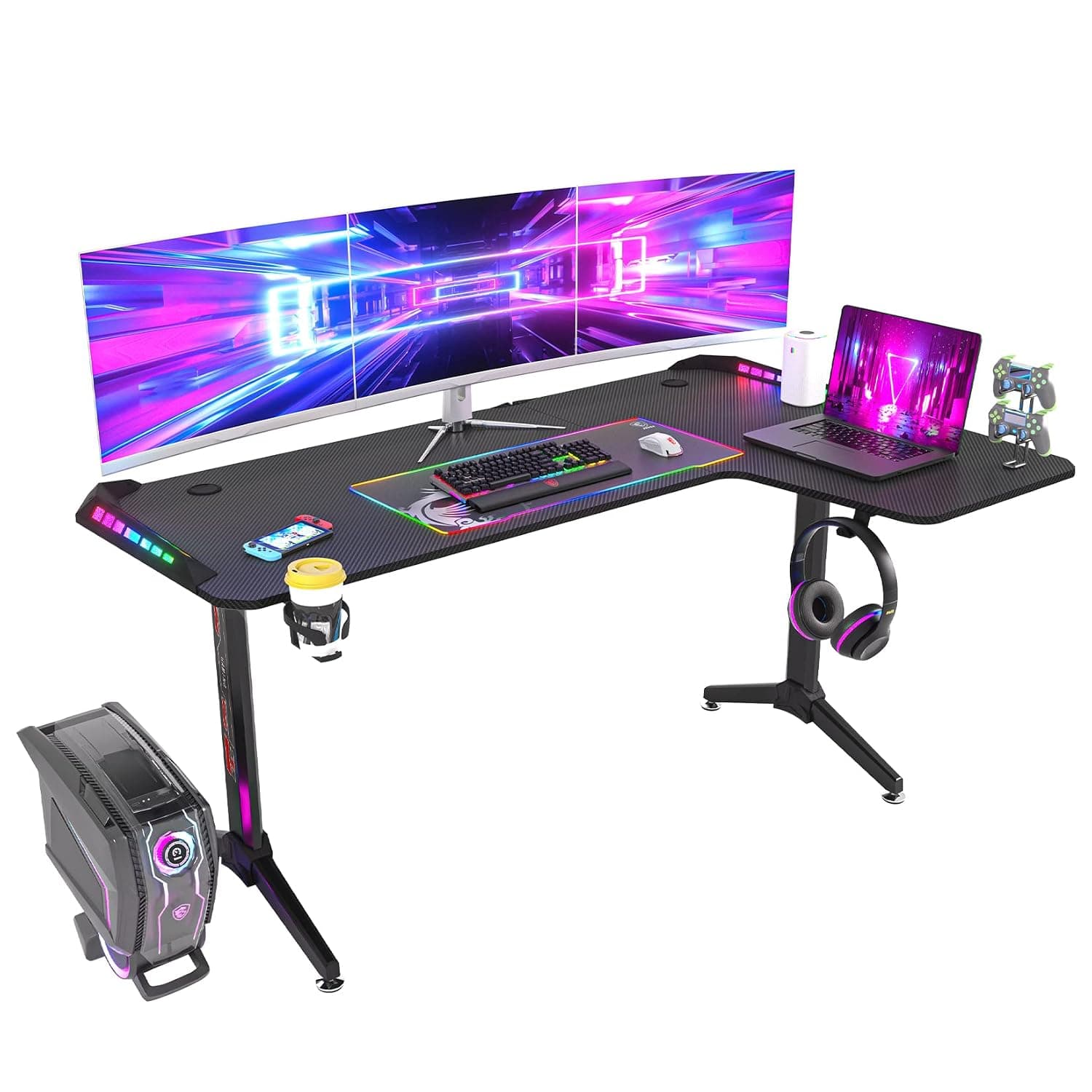 FATIVO Computer Gaming Desk RGB LED: L Shape Corner Larger Game Table 160cm x 100cm Carbon Fiber Black Desktop with 6 Colors 8 Modes Light Headphone Hook and Cup Holder, Right, (JJ-ZT878-R-01)