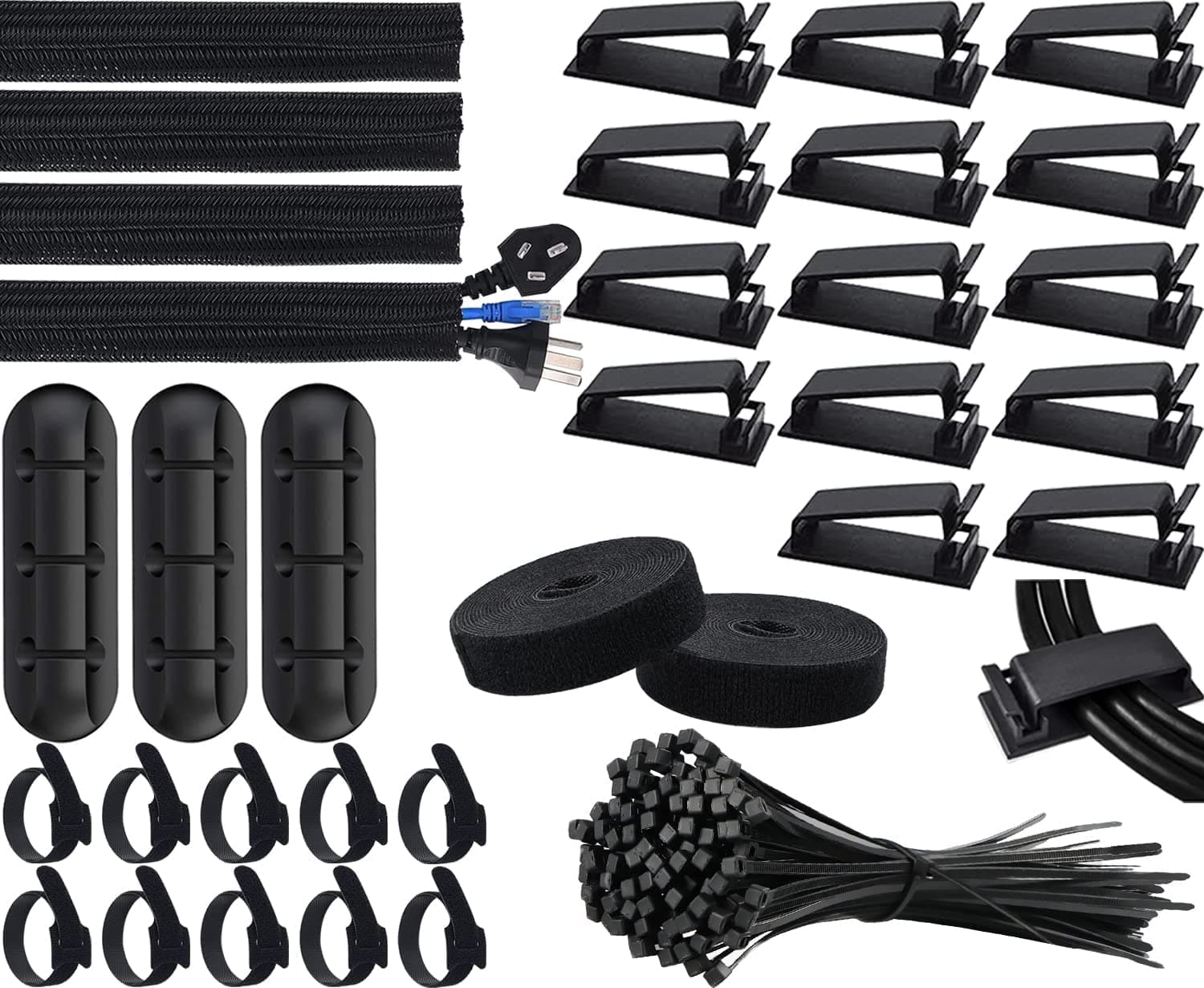 Cable Management Kit, 4 Cable Sleeve, 3 Silicone Cable Holder, 10+2 Roll Cable Organiser Straps, 15 Large Cord Clips and 100 Wire Organizer Ties for TV PC Under Desk Office