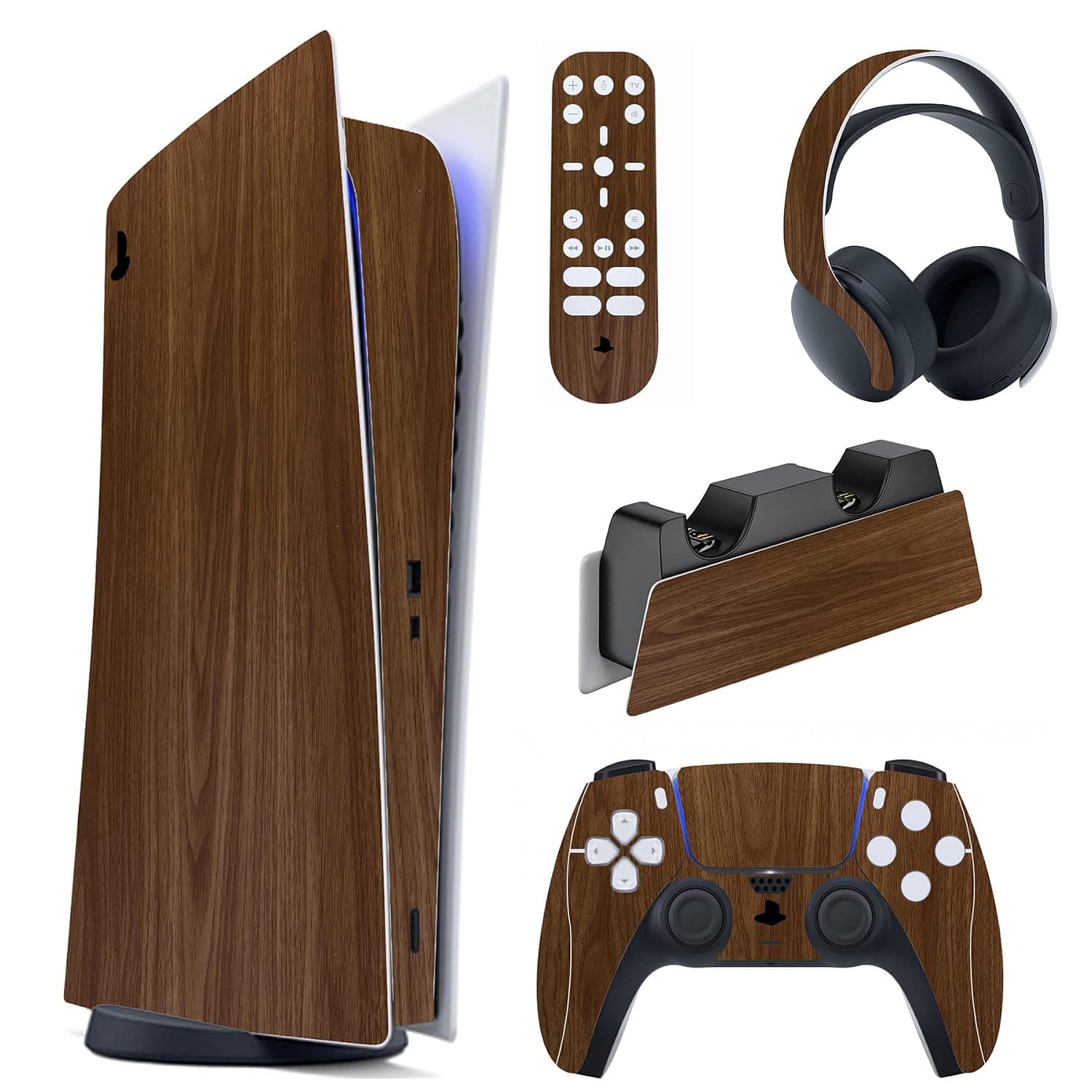 PlayVital Wood Grain Full Set Skin Decal for ps5 Console Digital Edition, Sticker Vinyl Decal Cover for ps5 Controller & Charging Station & Headset & Media Remote | Full Coverage, Easy Application, No Bubbles, No Residues, Daily Protection, Wood Grain