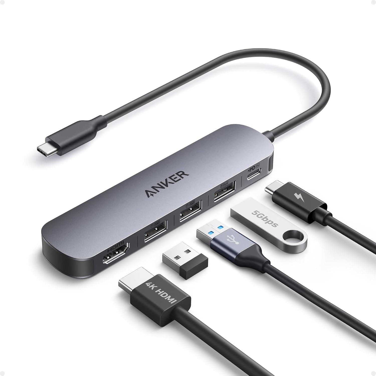 Anker USB-C Hub, 5-in-1 USB Hub for Laptops, 4K HDMI Multiport Adapter | USB C Dongle with 90W Max Power Delivery, 3×5Gbps USB A Data Ports, for MacBook, Dell, and More (Charger Not Included)