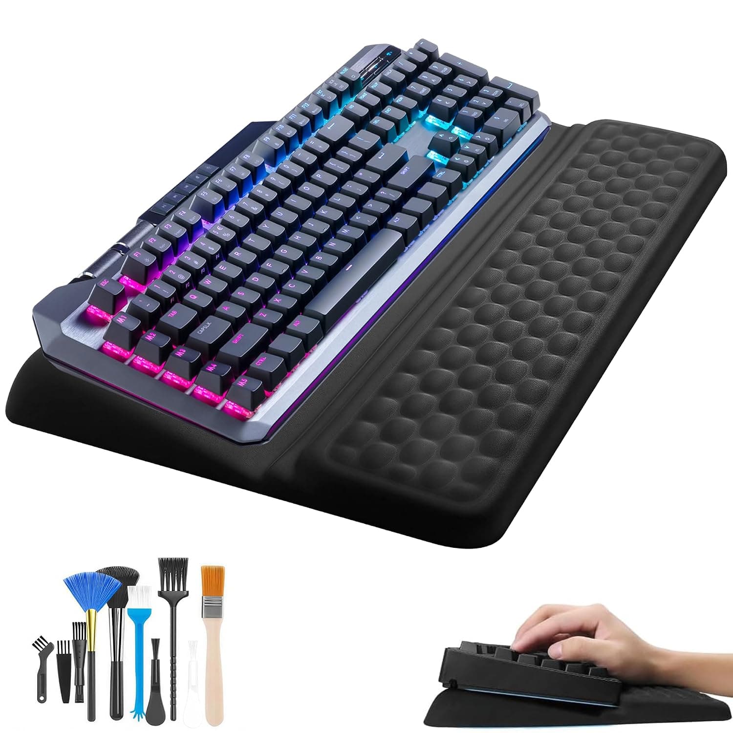 2-in-1 Ergonomic Keyboard Wrist Rest: Soft Memory Foam Keyboard Wrist Support Non-Slip Keyboards Rest with 10Pcs Cleaning Brushes for Office Home and Gaming