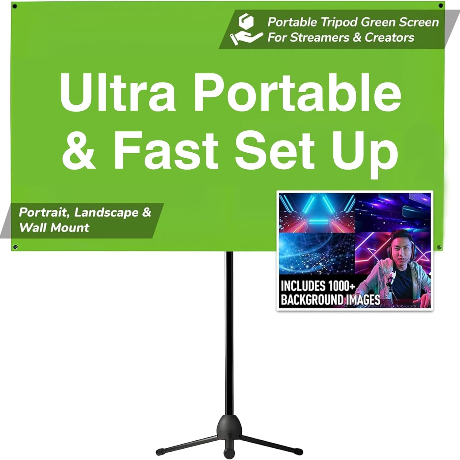 Valera Explorer Green Screen with Stand - Portable Chroma Key Panel, 1000 Free Backgrounds Included, Wrinkle Resistant Green Fabric Backdrop, Tripod & Wall Mount, Carrying Case, Portrait & Landscape