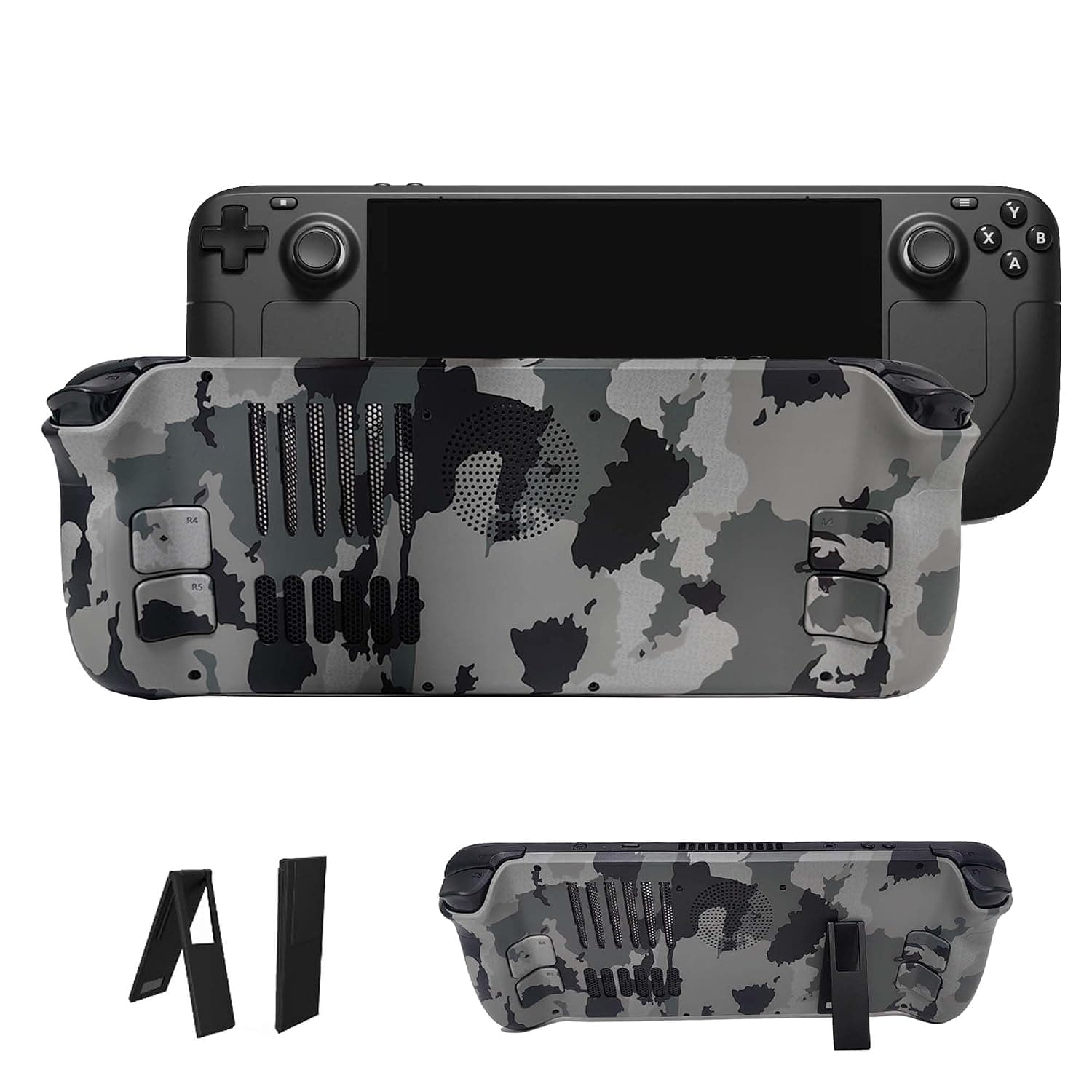 Replacement Back Plate for Steam Deck with Cooling Vent Adjustable Angle Stand, DOBEWINGDELOU DIY Accessories Heat Dissipation Cover Shell Case for Steam Deck with 2 Different Height Button Camouflage