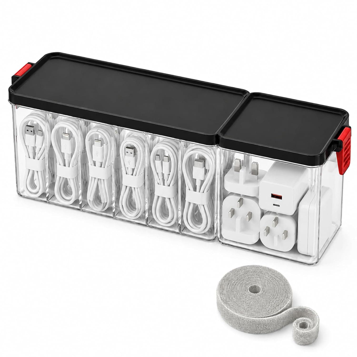 Raoletin 7 Grids Cable Tidy Storage Box with Lid, Clear Stackable Cable Organiser Management Box with Charger Compartment & 3m Tie for Home Office Desk Drawer & Bedside Charging Area