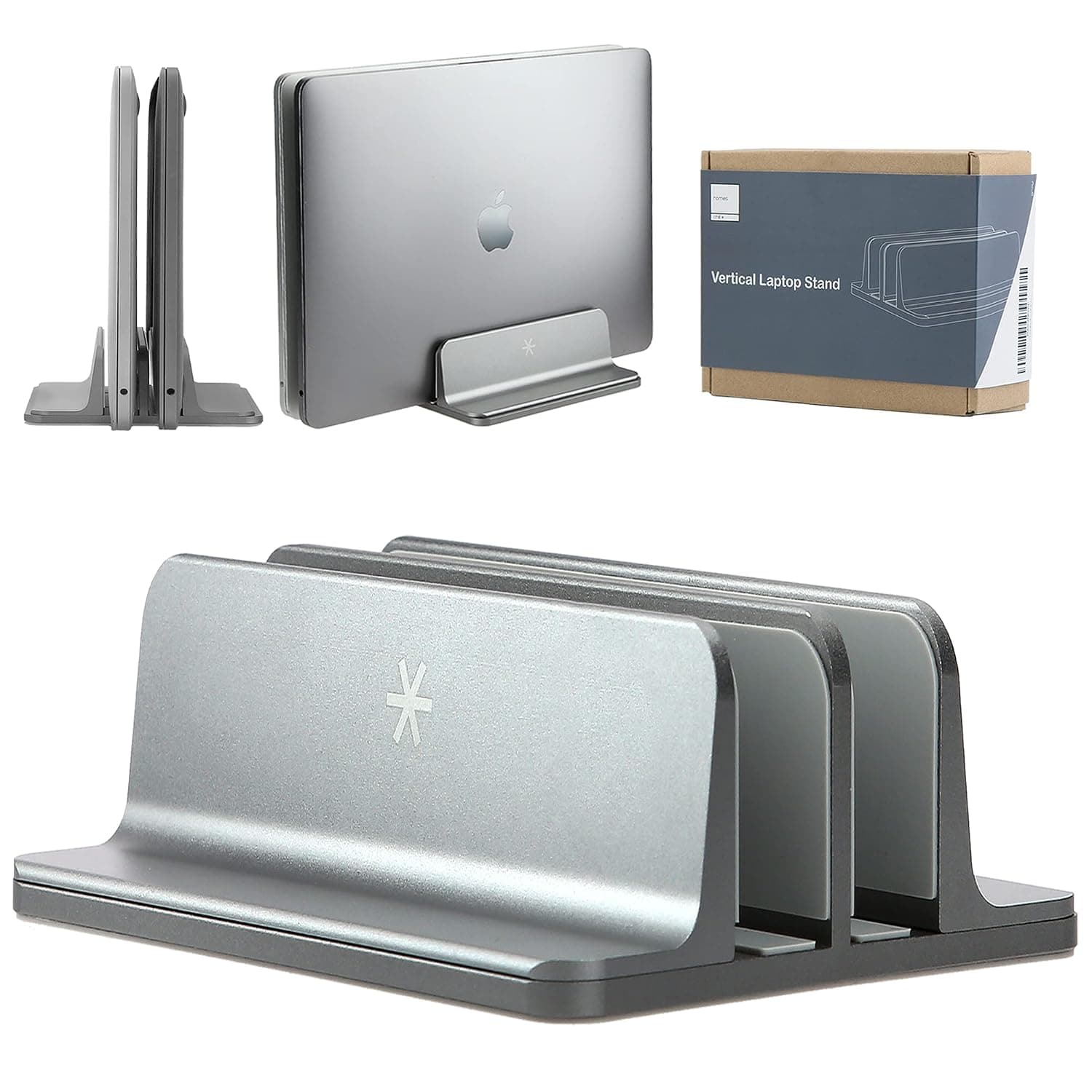 Vertical Laptop Stand - for Desk Organization with Dual Slot Adjustable Riser, Compatible with Asus, Chromebook, Dell, HP, MacBook, Razer, Samsung and Surface, Compact and Portable Holder, Aluminum