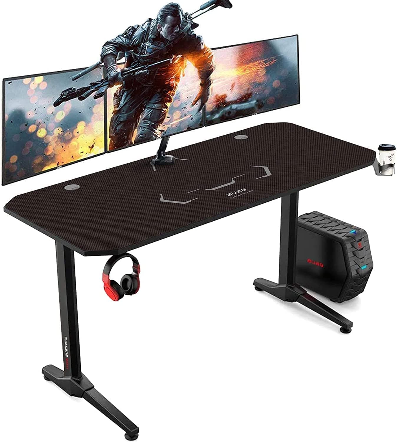 AuAg Gaming Desk 140x60 CM, Large Computer Desk for PC, Gamer Desk Workstation, Racing T-Shaped Office PC Computer Sturdy Table with Free Mouse Pad, Cup Holder & Headphone Hook, Black