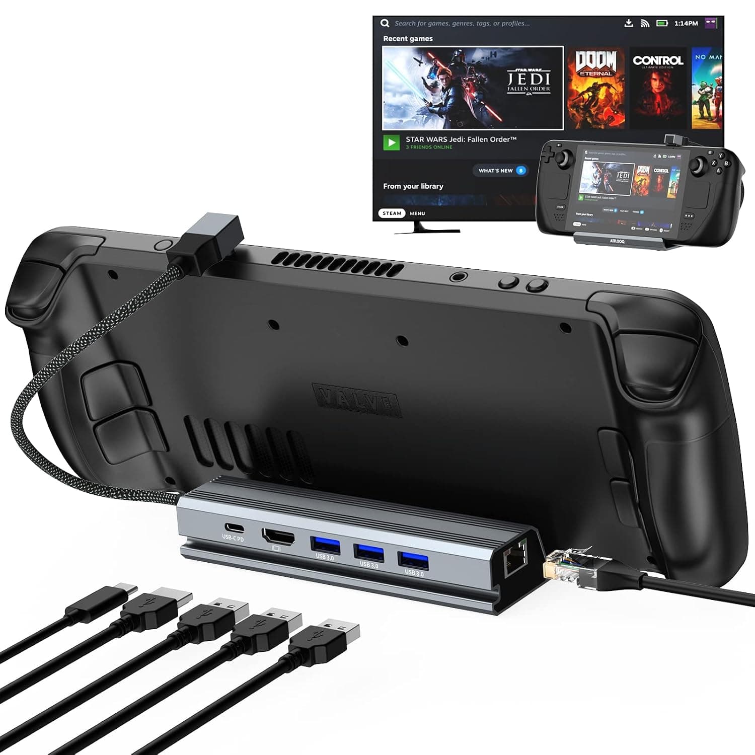 Steam Deck Dock, 6 in 1 Docking Station with HDMI 2.0 4K 60Hz, Gigabit Ethernet, 3 USB-A 3.0, USB C PD Charging Port Compatible with Valve Steam Deck Docking Station/Stream Deck Dock