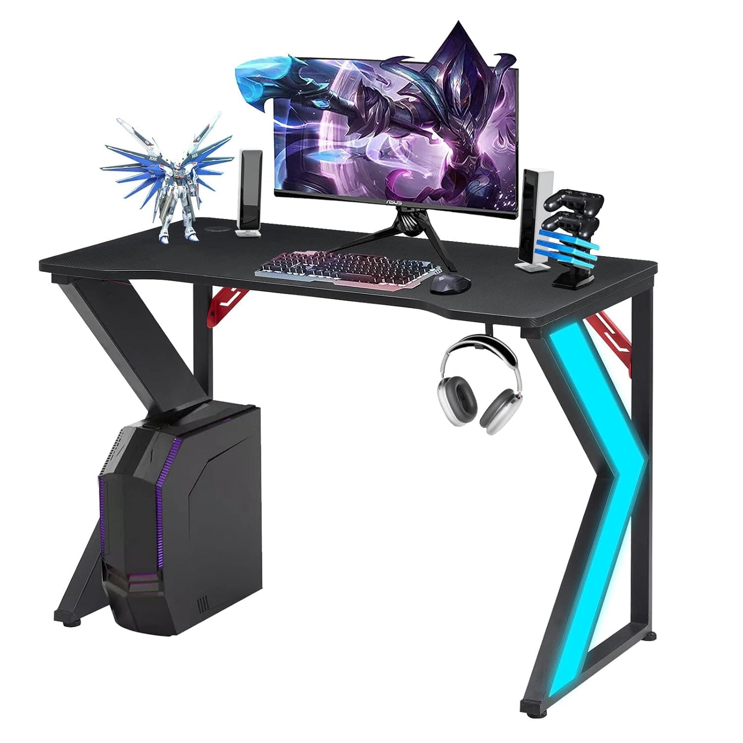 CLIPOP Ergonomic RGB Gaming Desk,110 cm Home Office Computer Desk with K-Shaped Metal Legs and Headphone Hooks, Carbon Fibre Surface,PC Gamer Table Workstations