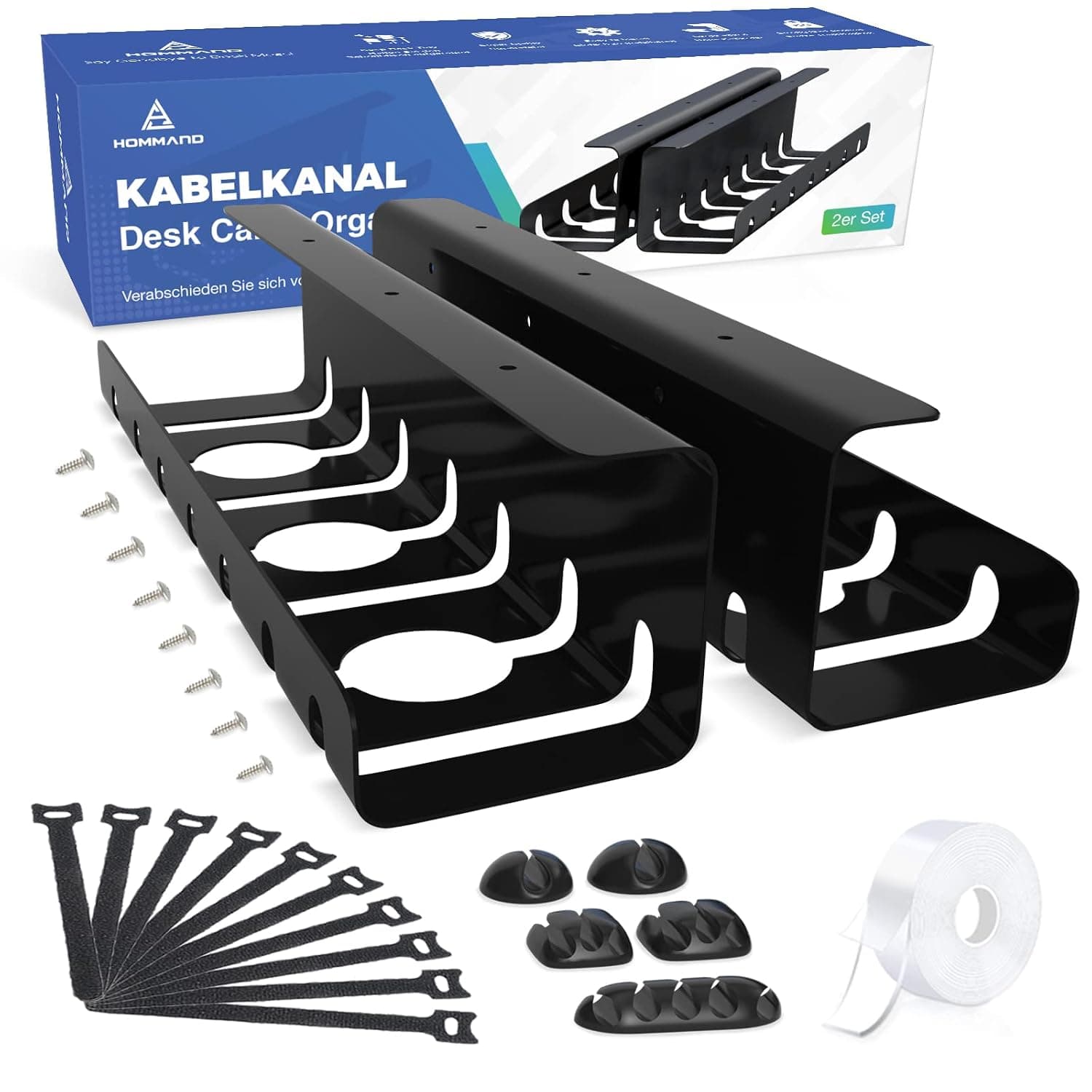 HOMMAND Under Desk Cable Management Tray 2 Pack - Sturdy Steel Tray With Self Adhesive and Drilling Mounting, Tidy Office and Home Desk