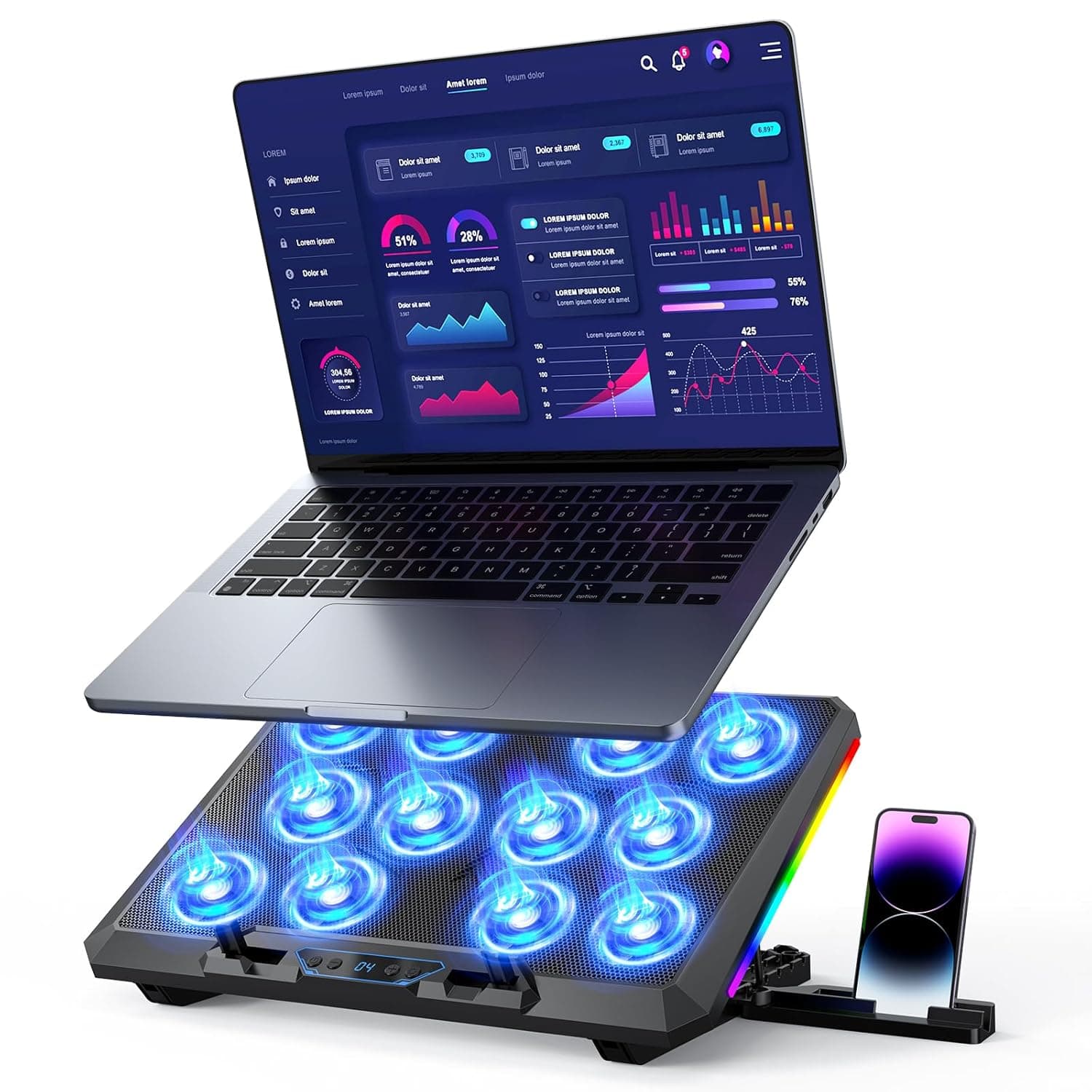 Trullypine Laptop Cooling Pad, 12 Quiet Fans, Slim Portable for 12-17.3 Inch Laptop Cooler Stand, RGB Lighting, 5 Height Adjustable, Ergonomic Gaming Cooling Fan Pad, 2 USB Ports & Phone Holder (LCD)