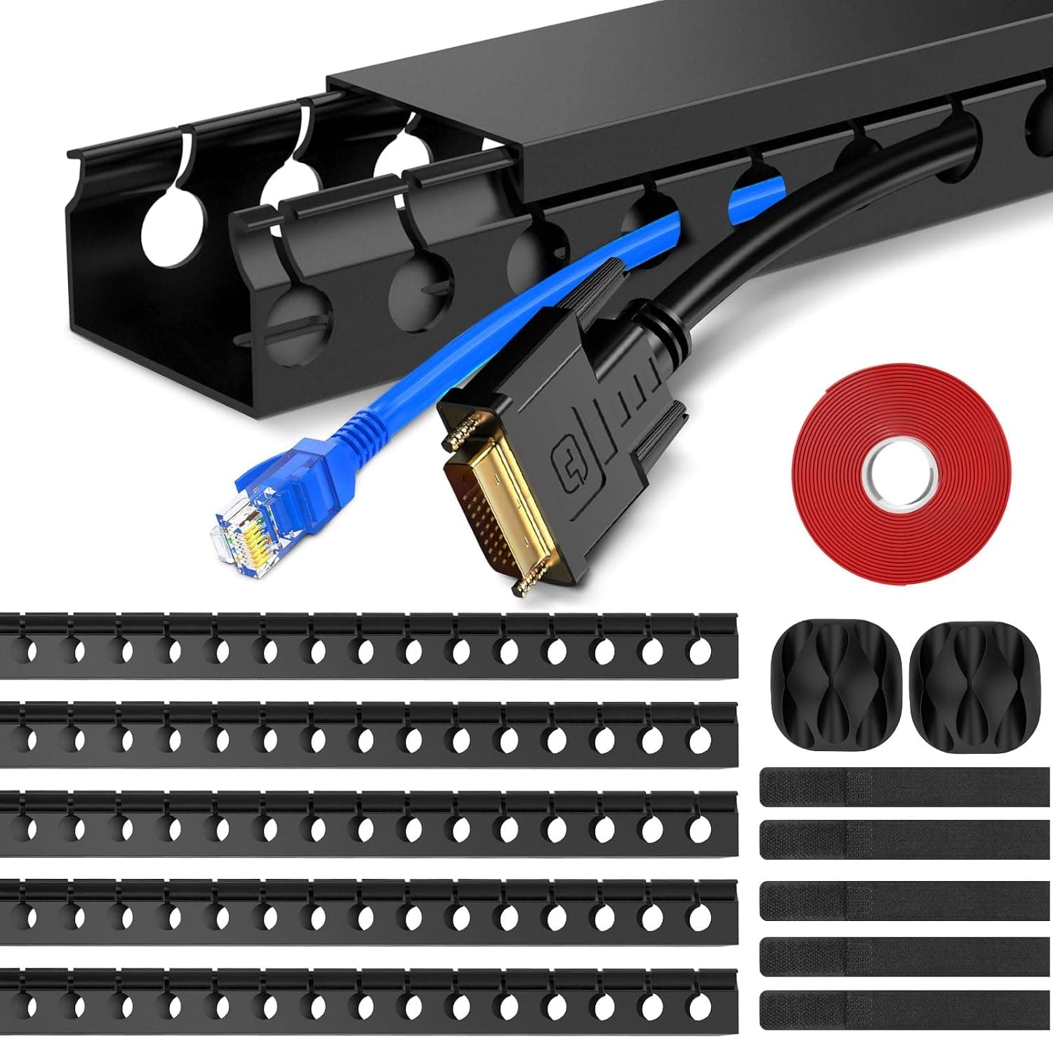 REFLYING Cable Trunking 5 Pack 1.85m Open Slot Raceway Black | Cable Concealer Kit, Hide Wires Under Desk TV Computer, Cord Cover, Wire Channel, Surface Mounted Duct
