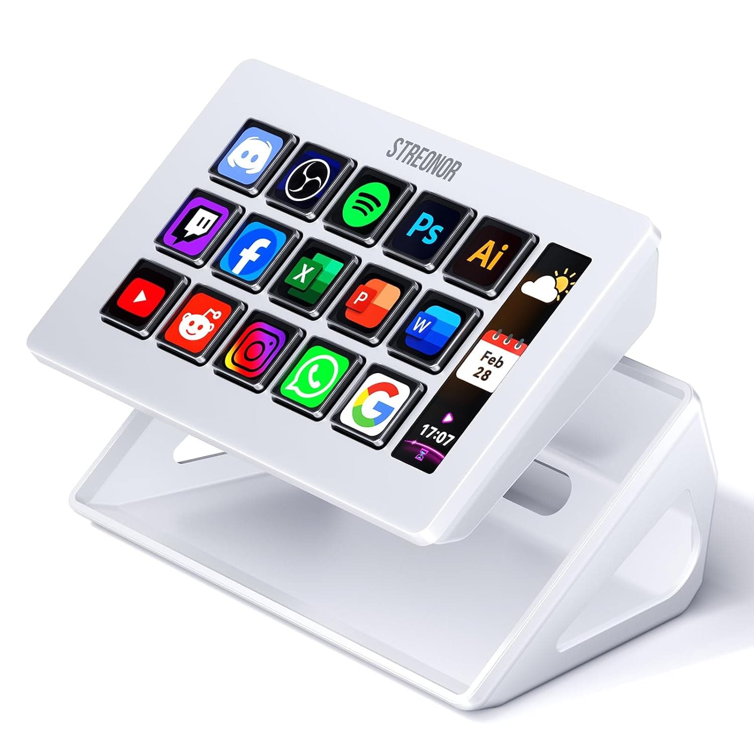 Streonor Stream Controller S15 Studio deck with 15 Keys and Info Display | Macro Control Keypad for OBS, Twitch, Discord, etc, Perfect for Live Streaming, Gaming, Editing, Works with Mac & PC -White