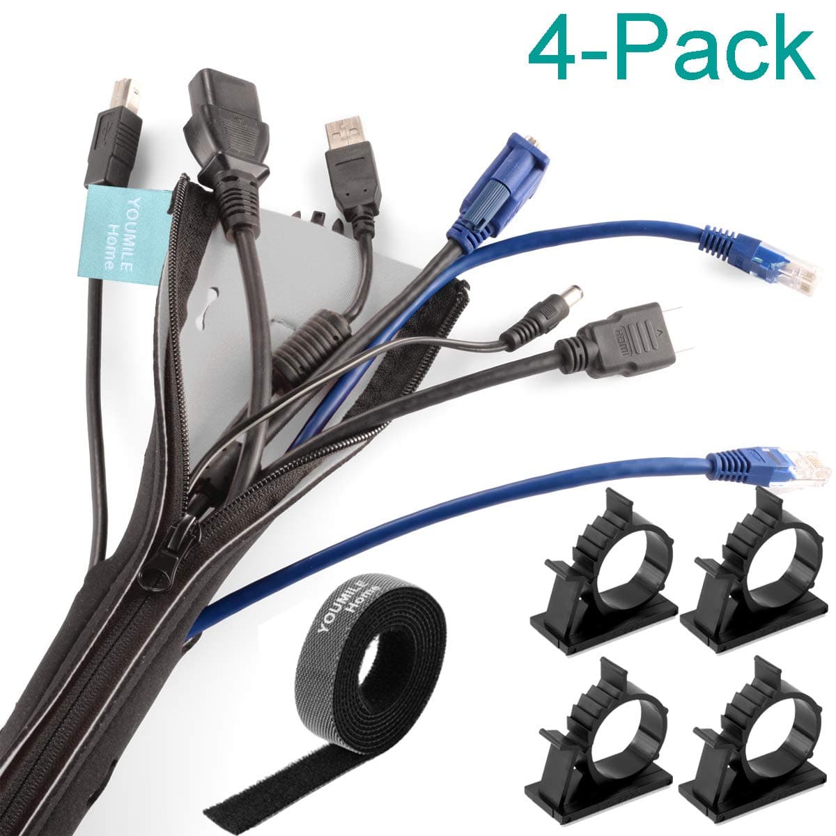 YOUMILE Cable Management Sleeve(4pack) with Zipper & Buckle, 19.7" Flexible Expandable Cord Organizer with 10pcs Cable Ties, Cable Wrap Kit for TV/Computer/Office/Home/Audio/Network