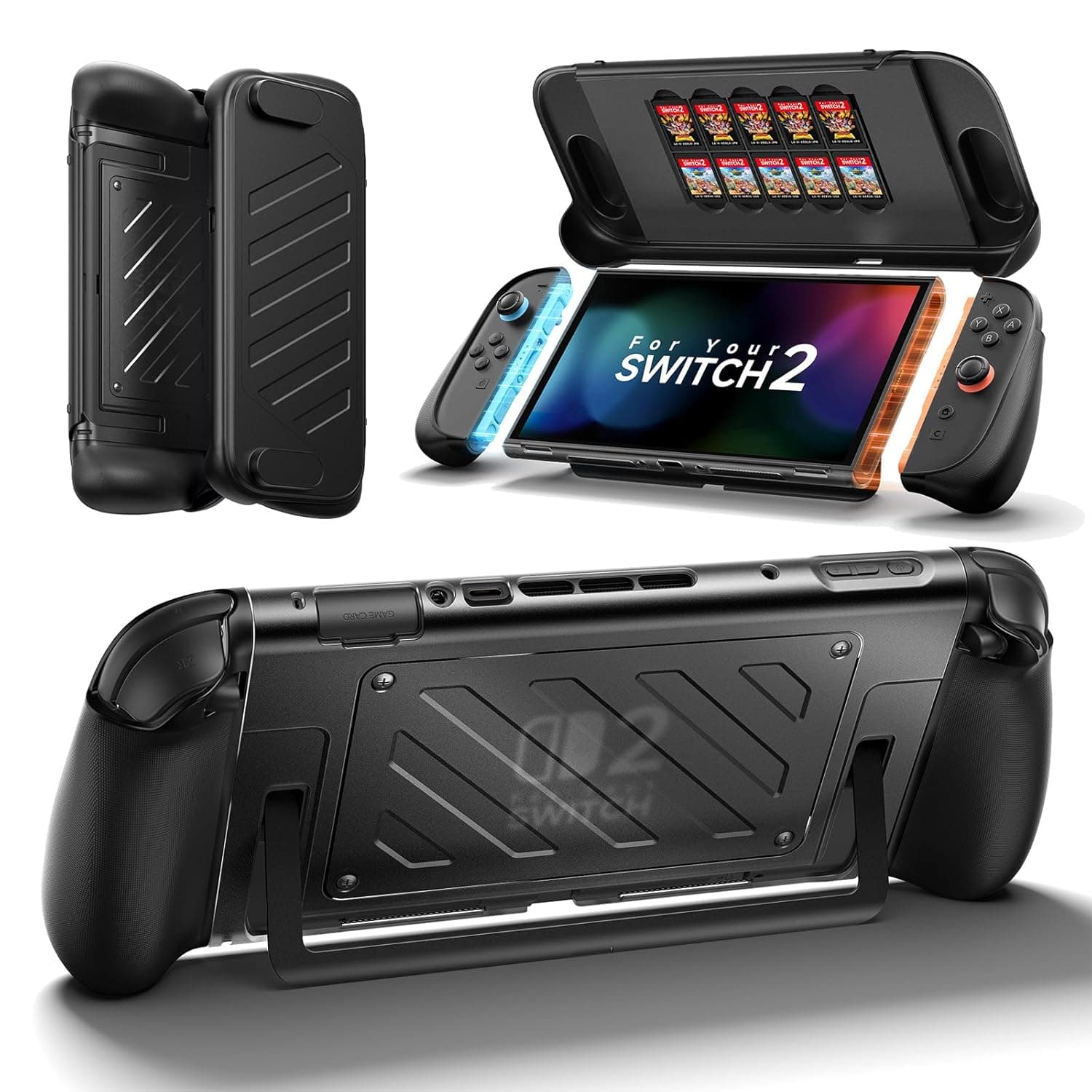 JSAUX Split Protective Grip Case for Switch 2 with Front Cover | Drop Protection, Dockable, Ergonomic Non-Slip Grip, Kickstand Compatible, PC Front Cover, TPU Middle Frame, 10-Card Storage