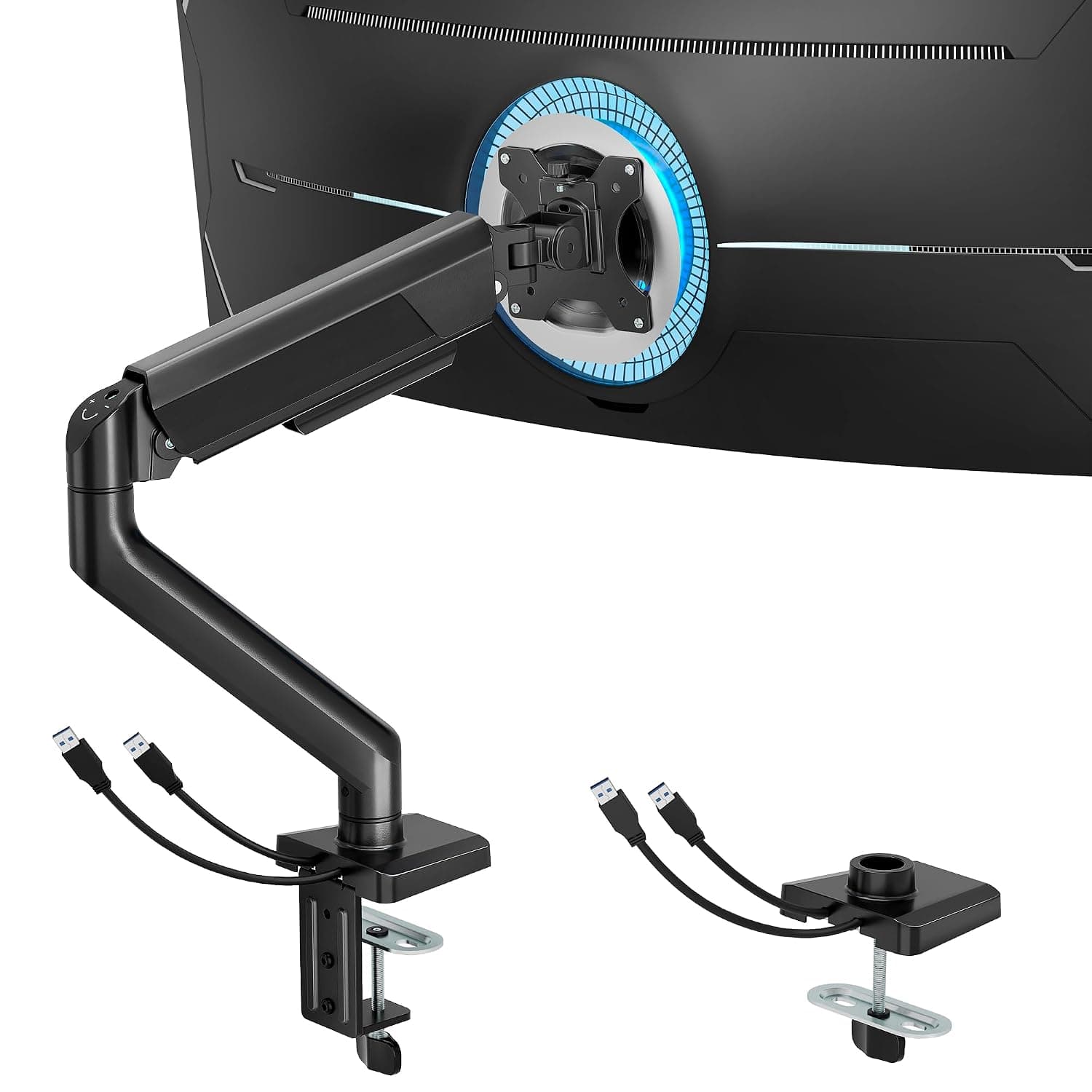 ARES WING Single Monitor Arm with USB for 17"-40" Screens up to 12kg, Black | Adjustable Monitor Mount for Ultrawide Monitors, Clamp/Grommet Desk Mount, 75/100 Vesa Mount