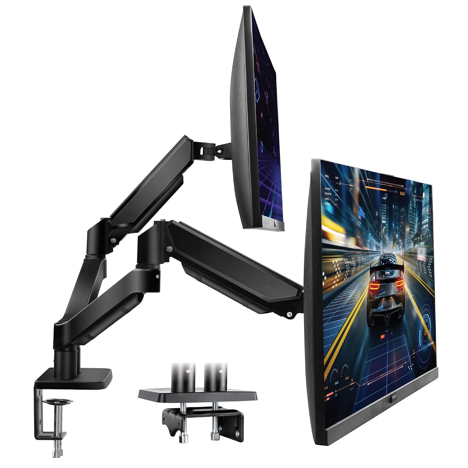 Futura Dual Monitor Arm for 13–32 Inch Screens, Gas Spring, 9kg Each | Supports two 13–32 inch screens up to 9kg each, VESA 75x75/100x100, gas spring adjustment and clamp or grommet mounting.