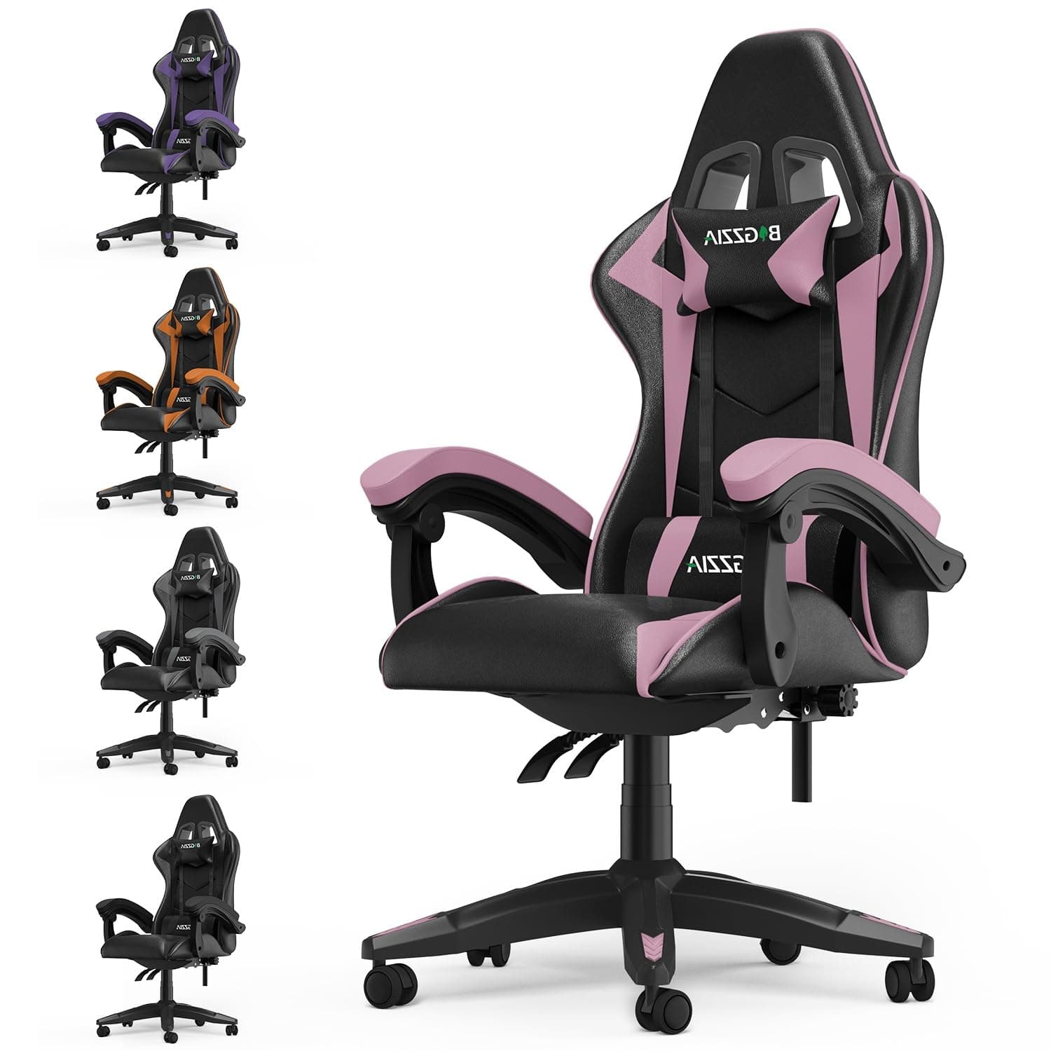RacingRear Gaming Chair - Ergonomic, Height Adjustable Reclining Computer Chair with Headrest and Lumbar Support (Black/Pink)