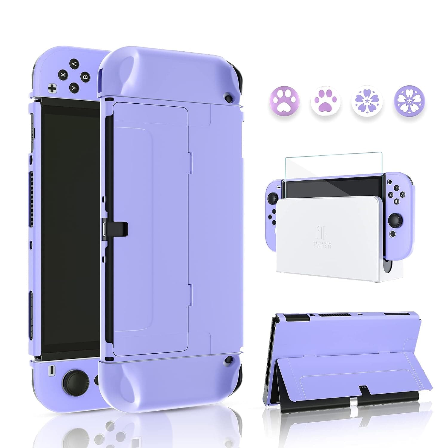 FANPL Flip Case for Nintendo Switch OLED Model, Hard Shell Cute Protective Cover for Switch OLED and Joy Con Controller with Screen Protector and 4 Thumb Grip Caps - Comfortable Touch (Purple)