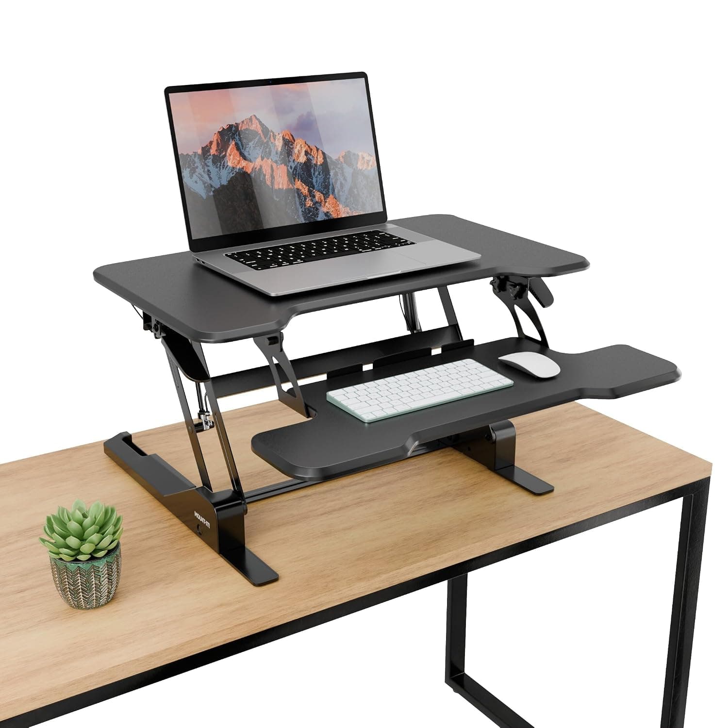Mount-It! Height Adjustable Standing Desk Converter, Compact 30” Wide Tabletop Standing Desk Riser with Gas Spring, Desktop Stand Up Workstation with Keyboard Tray Fits Monitor or Laptop, Black