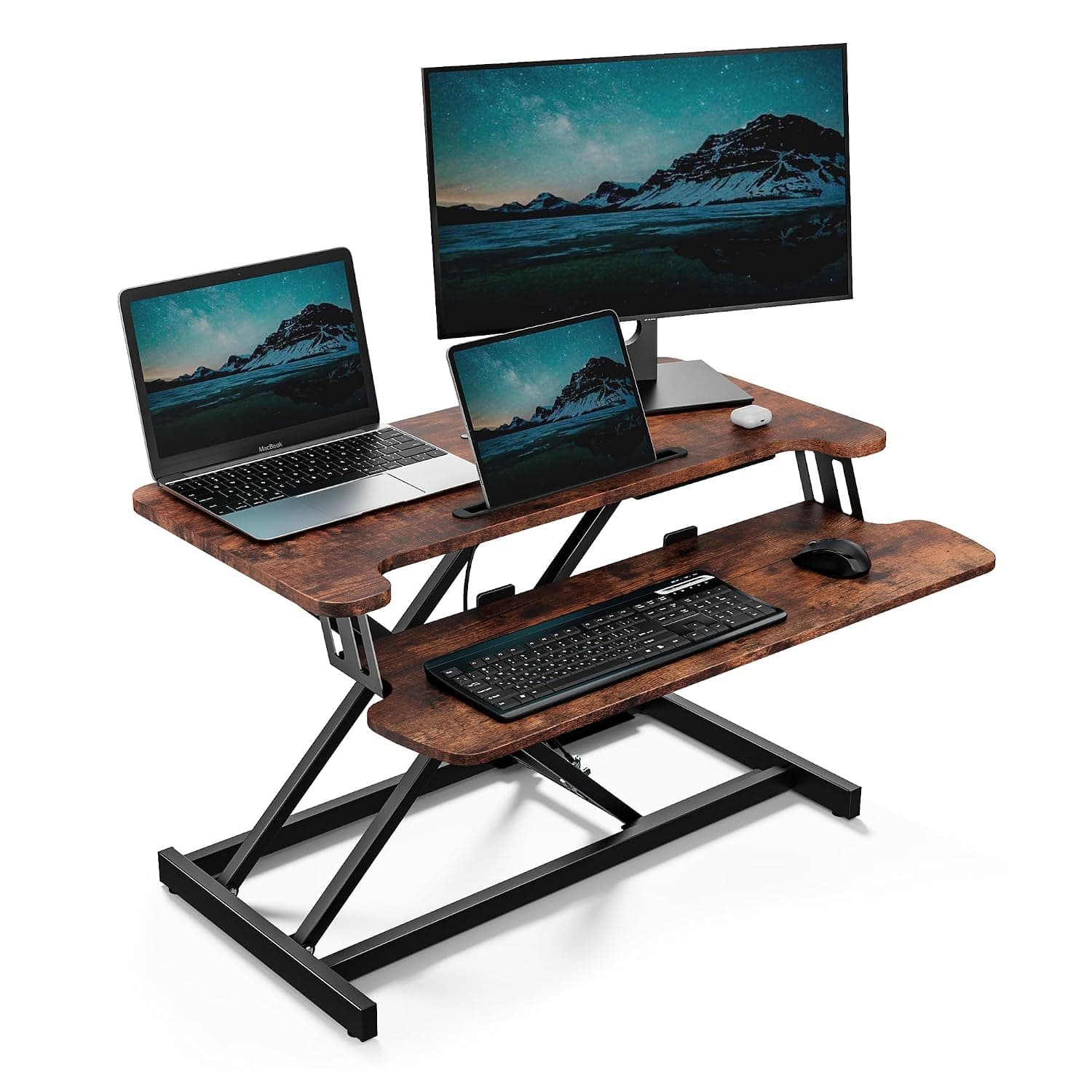 VonHaus Standing Desk Converter, Height Adjustable Computer Workstation with Keyboard Shelf, Dual Monitor Desk Riser w/Tablet Holder - 80x40cm (Dark Wood) | Height Adjustable Computer Workstation, Keyboard Shelf, Dual Monitor Desk Riser, Tablet Holder, 80x40cm