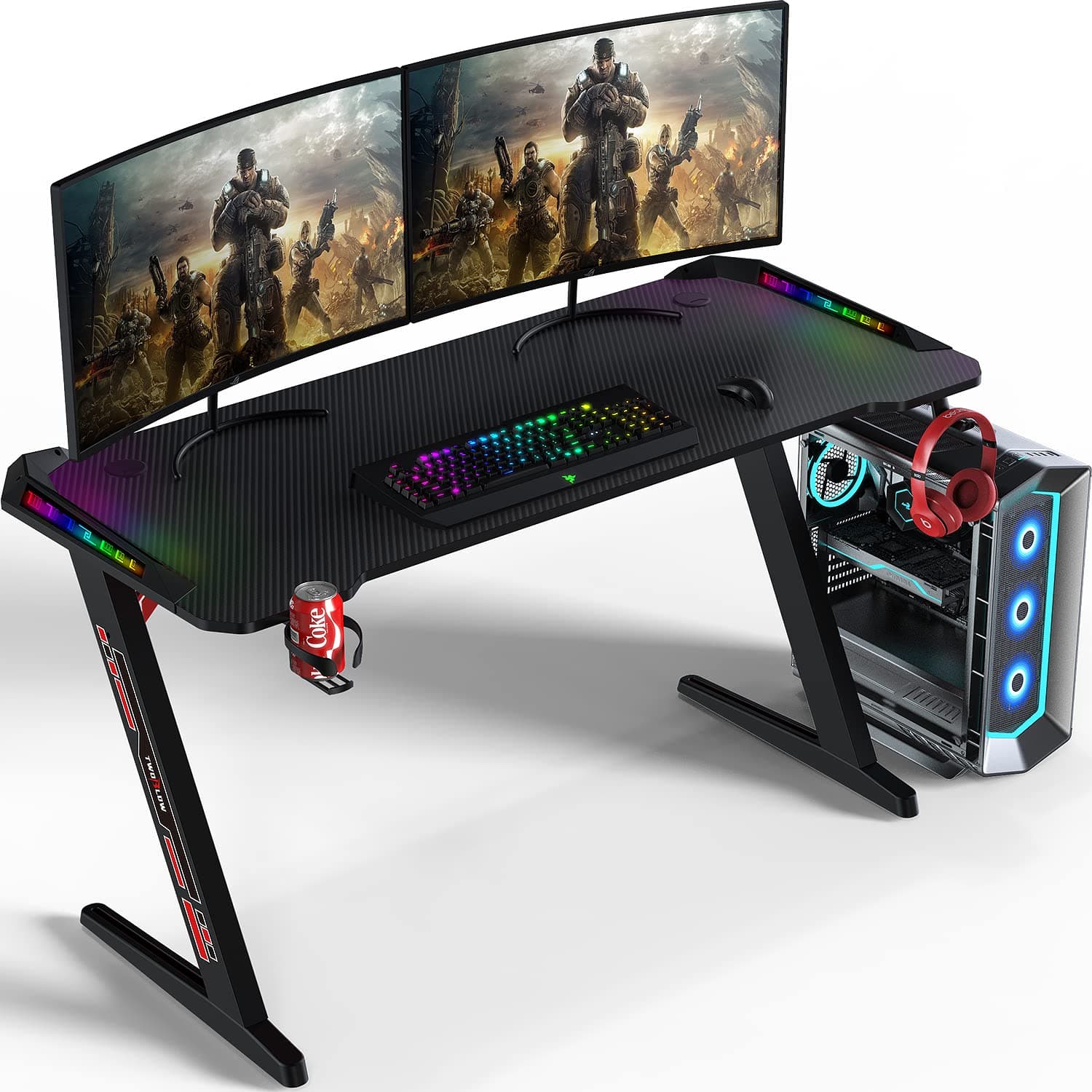 Gaming Table 140 cm, Large Gaming Desk for PC Ergonomic Gamer Table, Black Computer Desk with Cup Holder, Headphone Hook (140 x 60 cm)