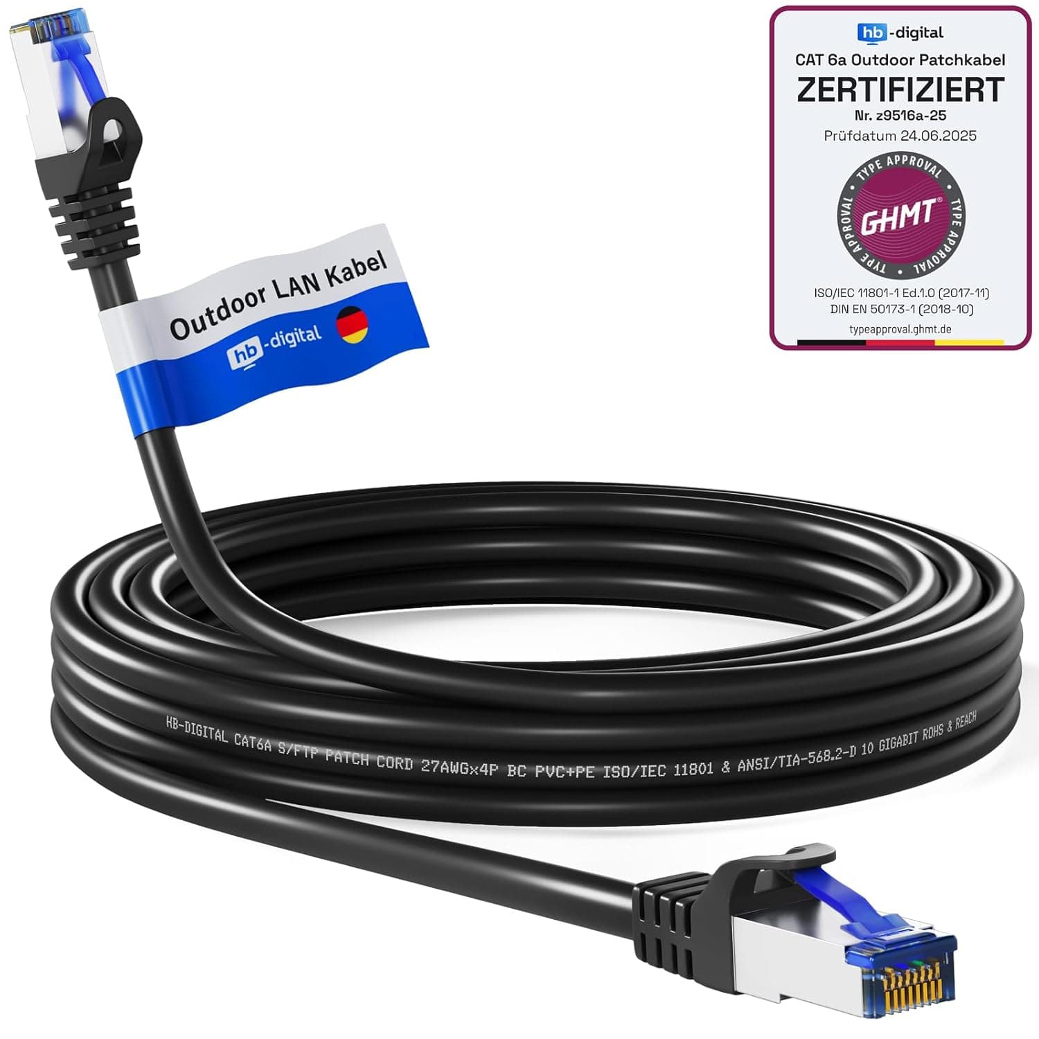 HBDIGITAL Cat.6a Outdoor 10 m Network Cable Cat6a Patch Cable for Outdoor and Indoor Use Black RJ45 Plug Ethernet LAN Cable SFTP PIMF 500 MHz IP66 Dust Water Resistant Oil Resistant UV