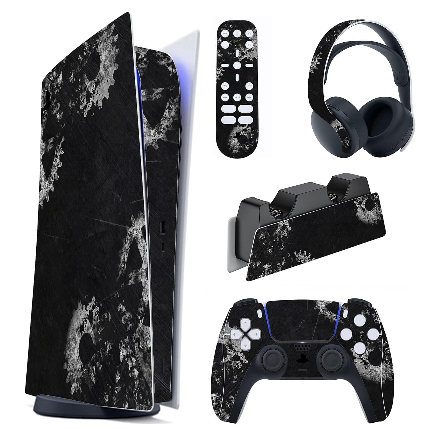 PlayVital Gears & Scratches Full Set Skin Decal for ps5 Console Digital Edition, Sticker Vinyl Decal Cover for ps5 Controller & Charging Station & Headset & Media Remote | Skin Skins Stickers for ps5 controller&charging station&heads&remote-Gears & Scratches