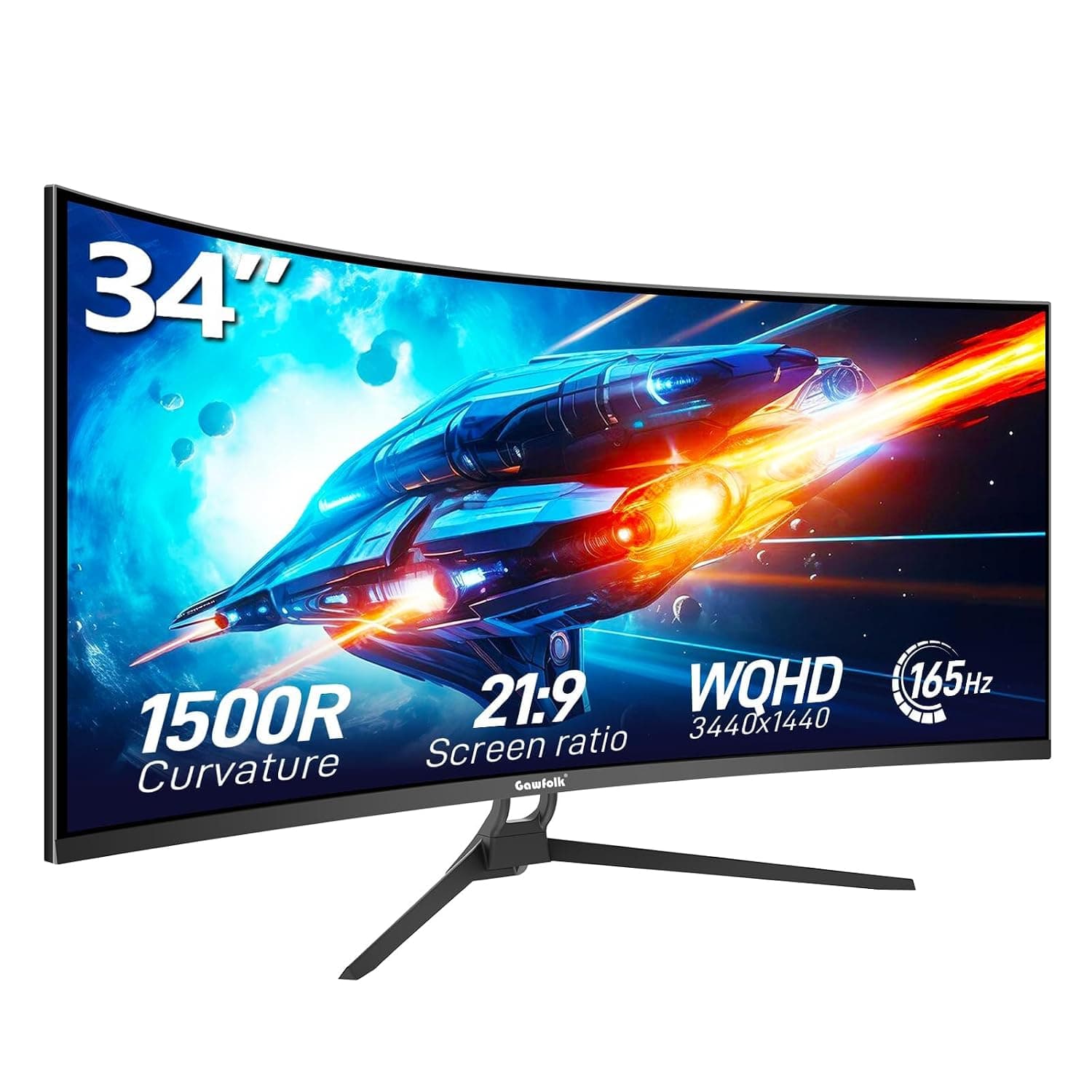 Gawfolk 34 Inch Ultrawide Curved Gaming Monitor, 1500R PC Screen 165hz UWQHD 3440x1440, Curved Computer Display with FreeSync & Eye-Care Technology, DP, HDMI, Support Wallmount