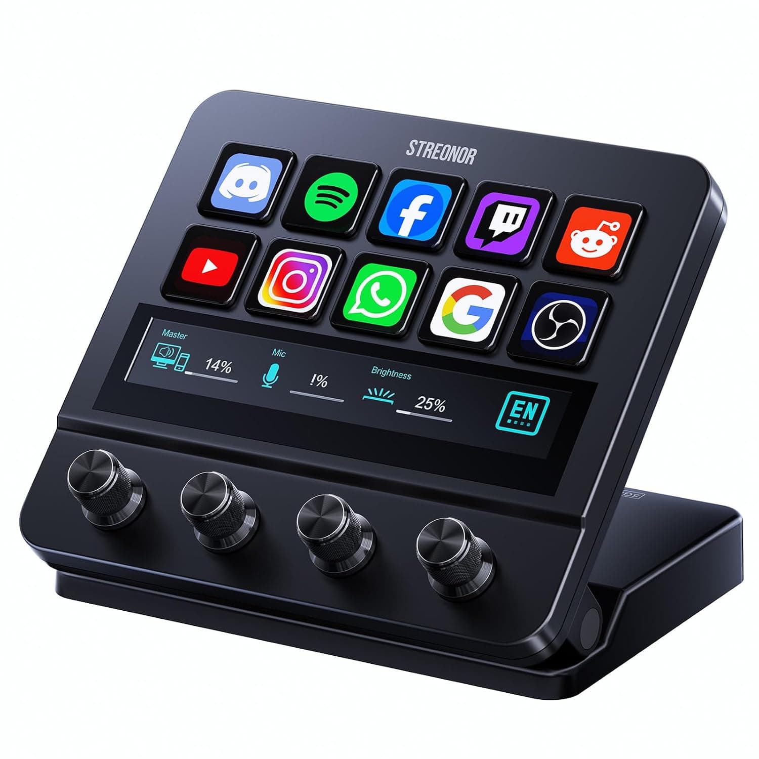 Streonor Stream Controller S10 Studio Deck with 10 Keys Touchbar 4 Knobs | Macro Control Pad Deck for OBS, Twitch, Discord, Perfect for Live Streaming, Video Editing, Gaming, Works with MAC & Windows