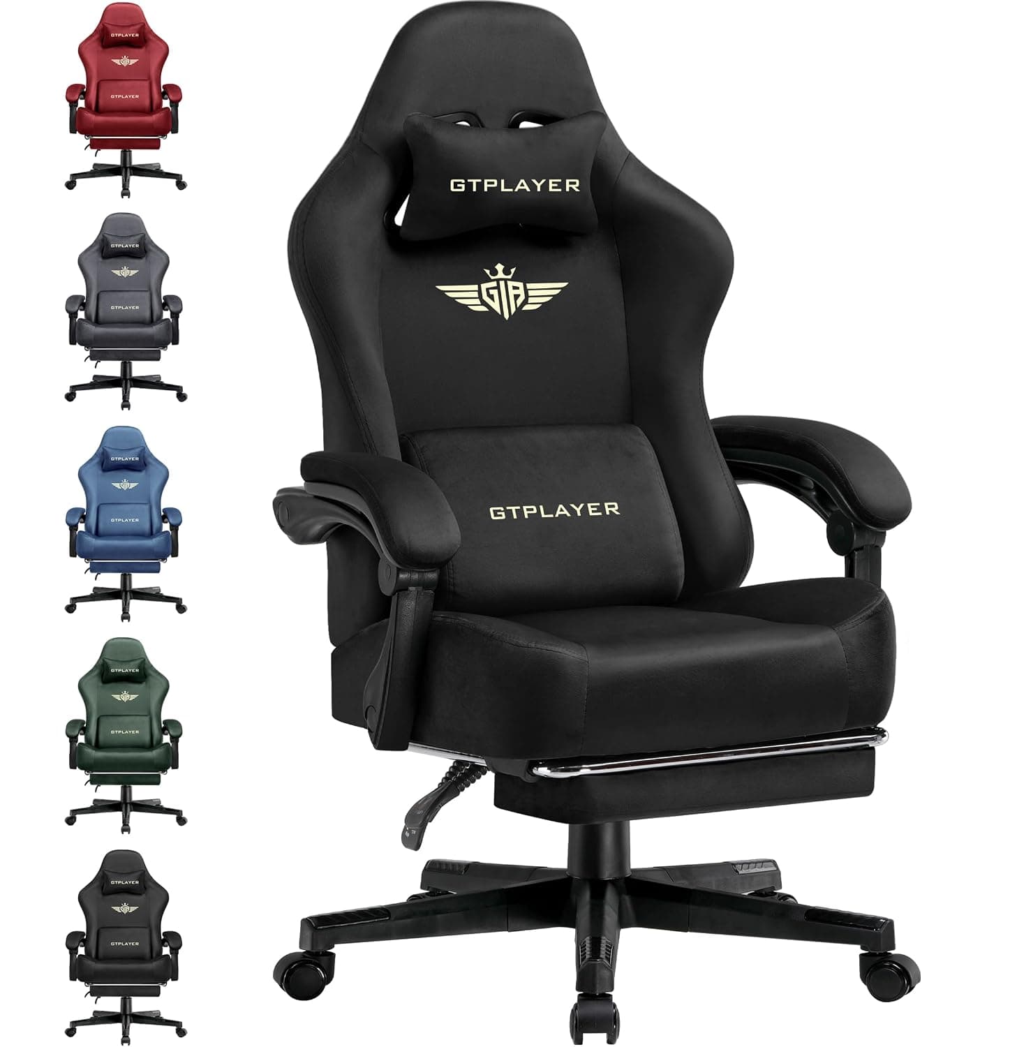 GTPLAYER Fabric Gaming Chair, Ergonomic Computer Chair with Footrest and Lumbar Support Height Adjustable Home Office with 360°-Swivel Seat and Headrest (Black)