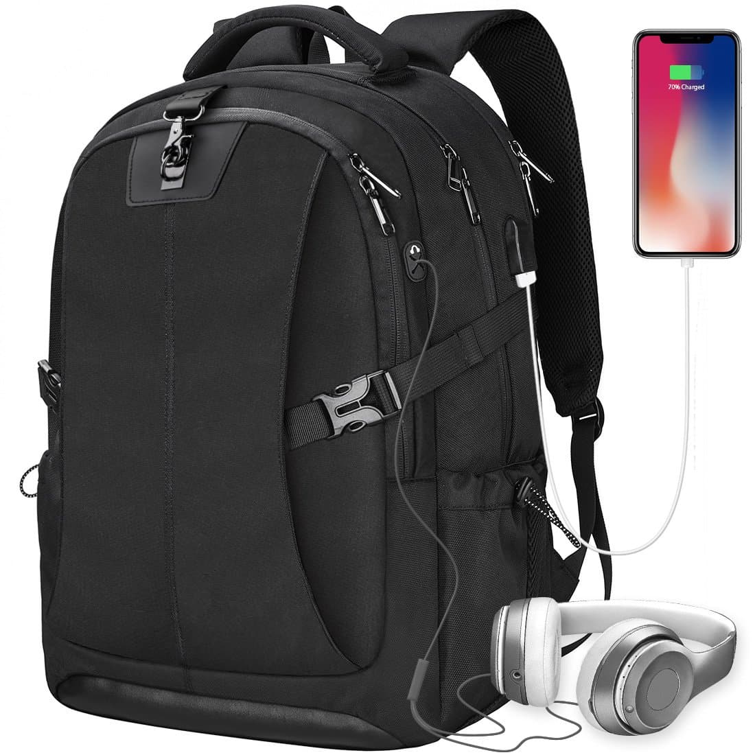 Laptop Backpack 17.3 Inch Anti-theft Waterproof Travel Rucksack USB Charging Port Business Work College School Large Compartment Outdoor Gaming Computer Bag for Men Women Black