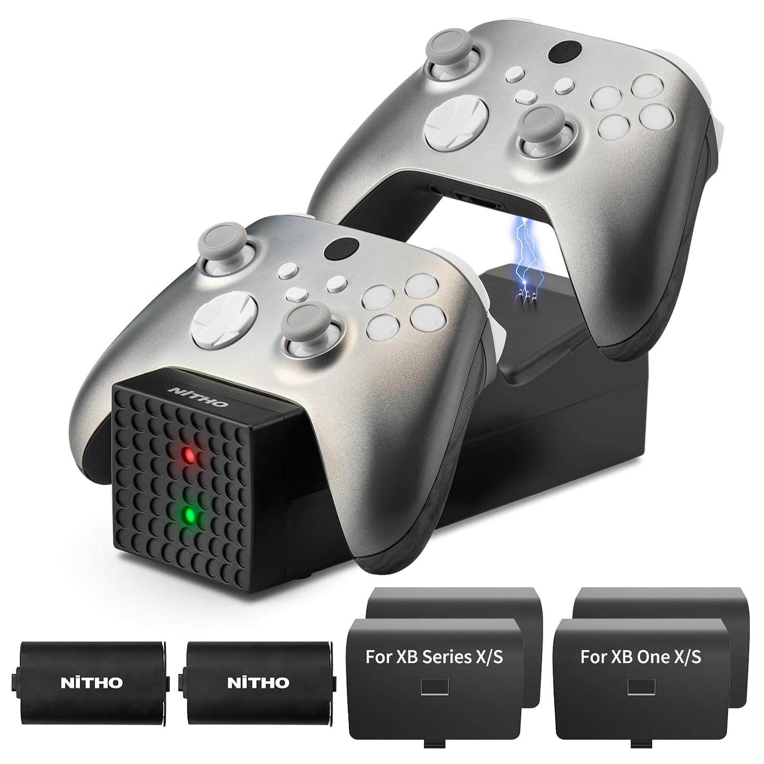 NiTHO Twin Controller Charging Dock with 2 x Rechargeable Battery Packs for Xbox One/Xbox Series X/S, 1 x Dual Controller Snap-Down Charging Station with LED Indicator, 2 x Battery Packs - Black