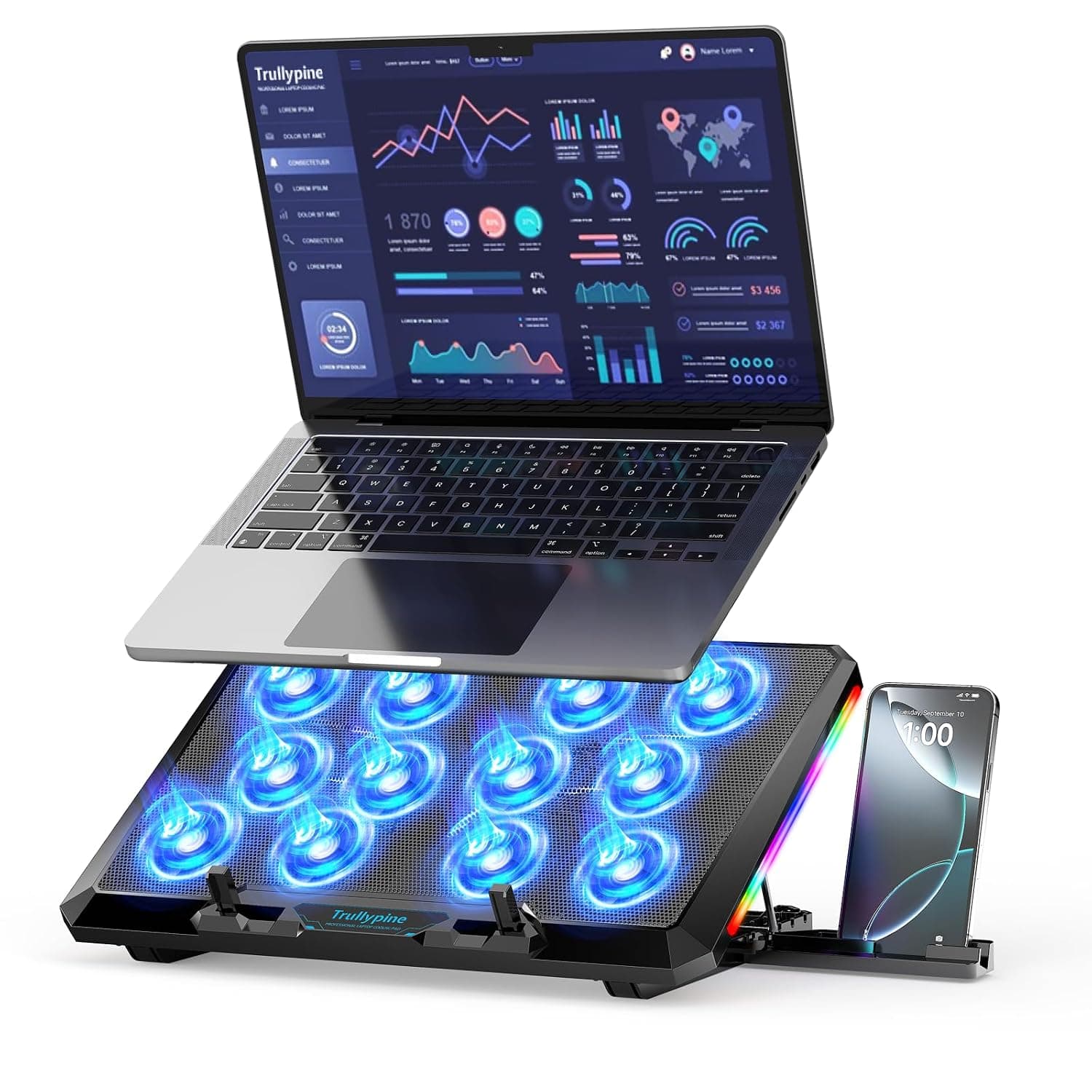 Trullypine Laptop Cooling Pad, 12 Quiet Fans, Slim Portable for 12-17.3 Inch Laptop Cooler Stand, 5 Height Adjustable, Ergonomic Gaming Cooling Fan Pad, 2 USB Ports & Phone Holder (Gear Version)