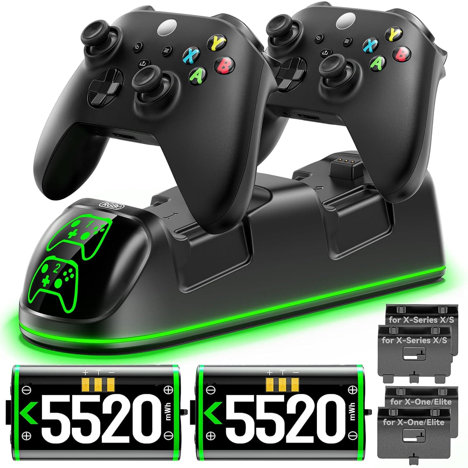 Controller Charger Station with 2 x 5520 mWh Rechargeable Battery Packs & RGB Modes for Xbox Series/One x/s & Elite Controller, Charging Station Dock for Xbox Series X & S Protectors with 4 Covers