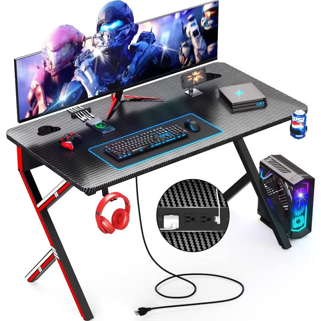 Mr IRONSTONE Gaming Desk 45.2" W x 23.6" D Home Office Desk, Gaming Workstation with Power Strip of 3-Outlet & 2 USB Ports, Cup Holder, Headphone Hook, and Cable Management (Red)