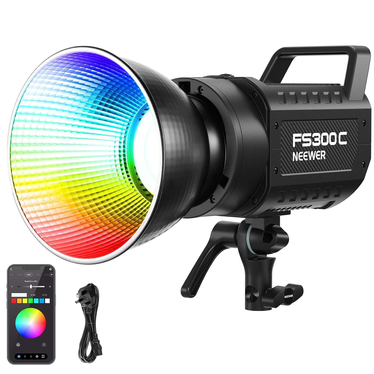 NEEWER FS300C 300W RGB LED Video Light with App/2.4G Control | 17 Effects, 2500K-7500K, 29000Lux/1m COB Continuous Output Lighting, CRI95+/TLCI97+, Bowens Mount Spotlight for Studio Shoots