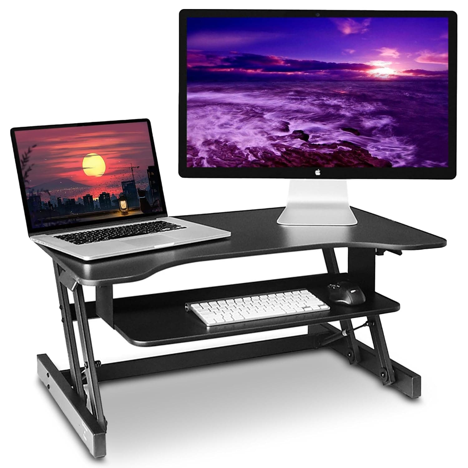 Standing Desk - Adjustable Height Sit Stand Dual Monitor Riser - Easy lift heavy duty Office Computer Stand Up Desk supports up to 50 lbs and 32" Wide